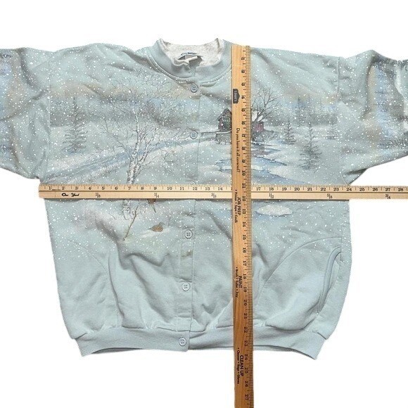 Vintage Artisans Sunschein Designs Winter Scene Button Front Blue Cardigan XL