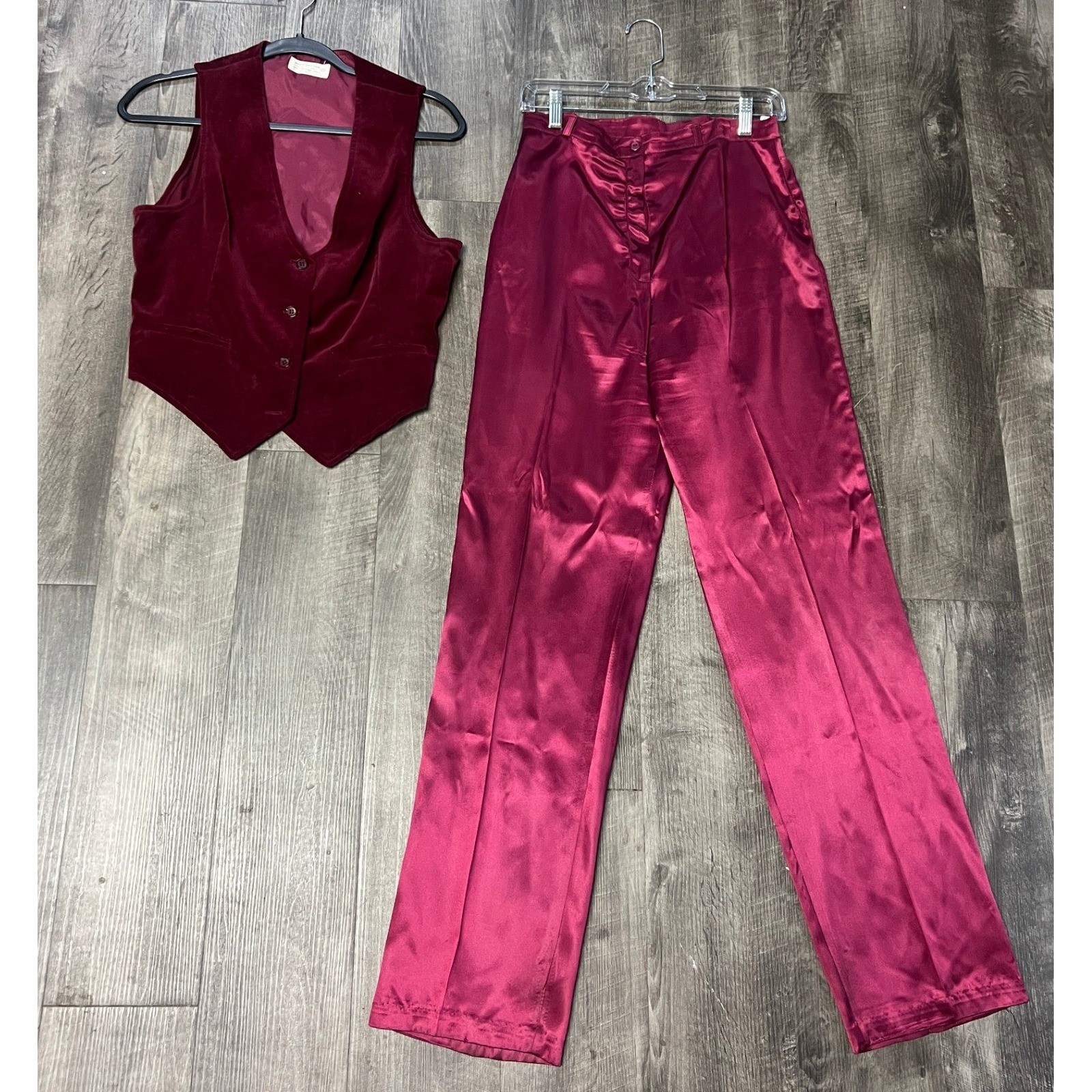 Vintage Velvet Vest and Satin Pants Womens 13 Wide Leg Japan Set Retro Maroon