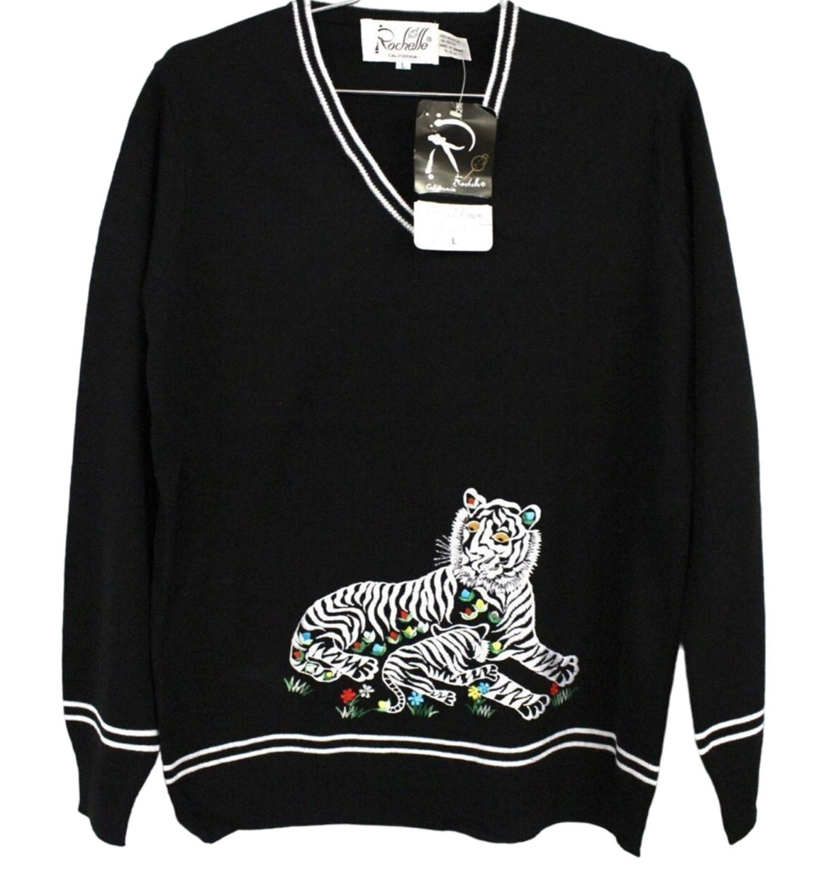 Vtg 70s Rochelle Sweater V Neck Tiger Embroidery Acrylic Knit Taiwan NWT