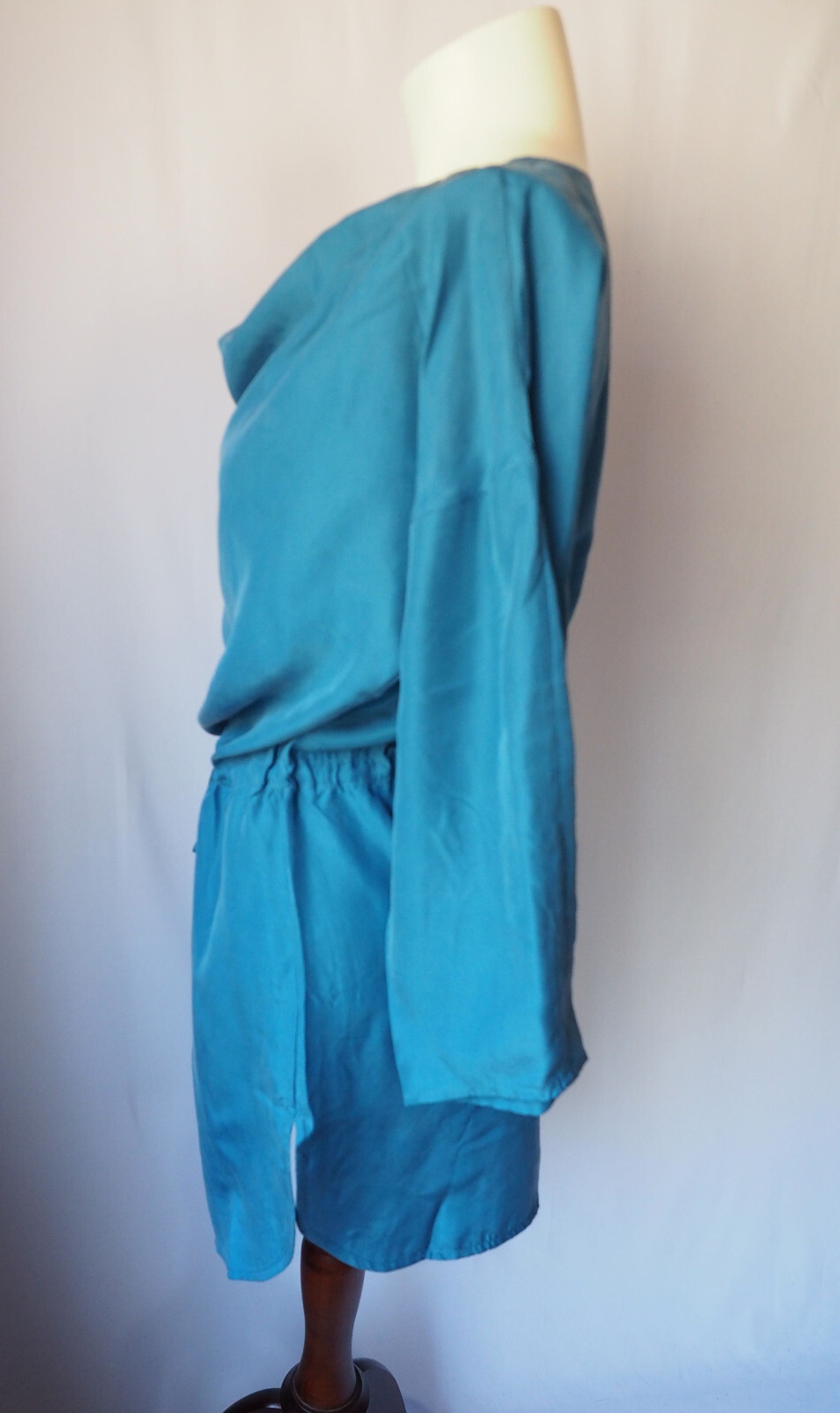 Vintage Vollbracht Luxe Silk Drawstring Mini Dress Draped Neck 3/4 Sleeve Blue S