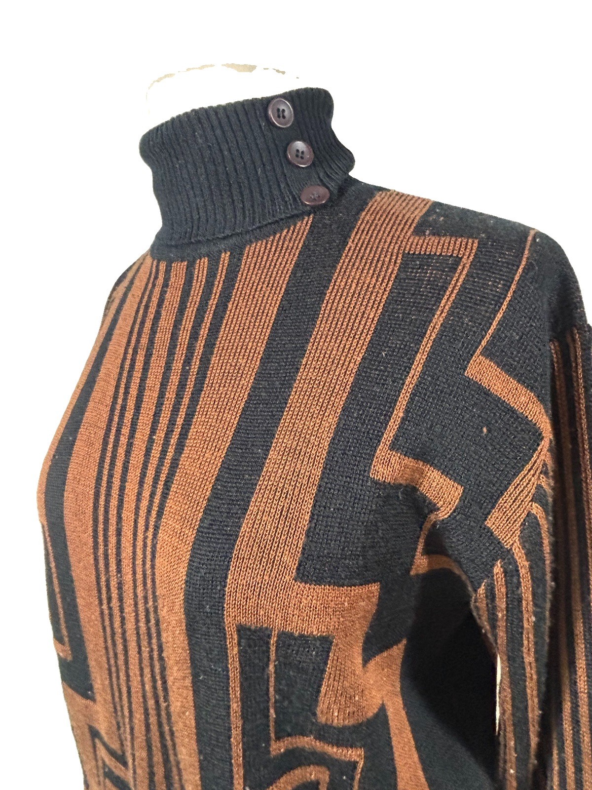 VTG Ackermann Art Deco Sweater Brown Black Geometric Knit Mock Neck Womens Sz 42