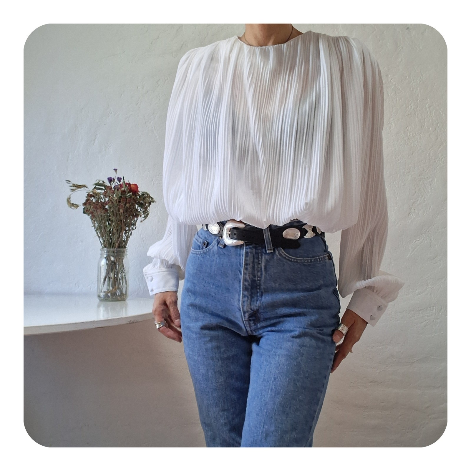 Vintage 90s White Plisse Pleated Blouse Sheer High Neck Victorian Coquette