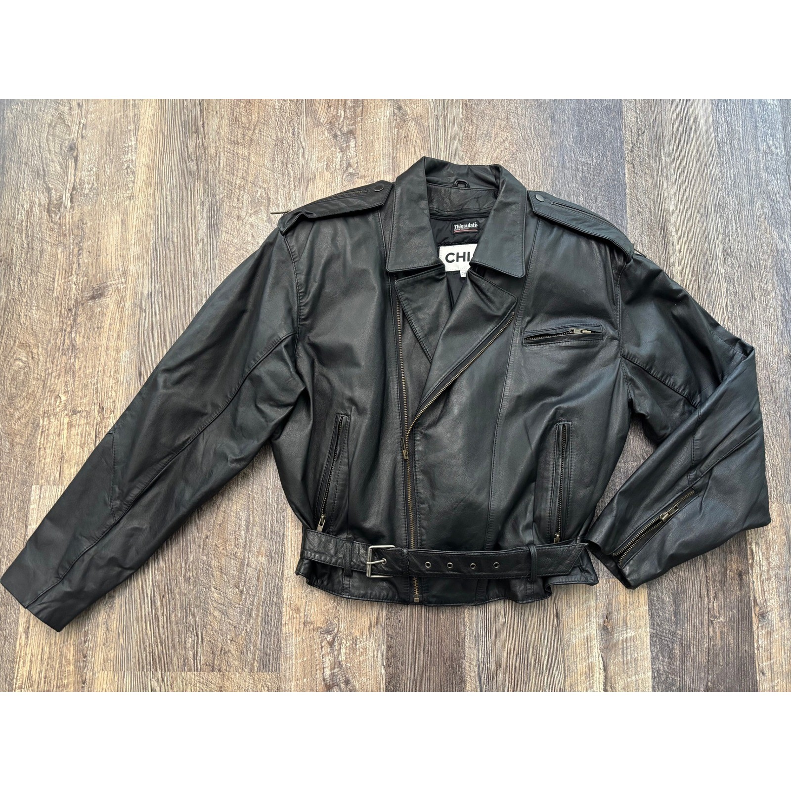 Vintage Chia Black Leather Biker Jacket Thinsulate Liner Belted Moto 2126 M