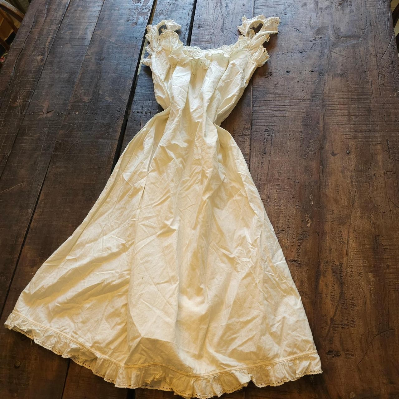 Antique Chemise Cream Lace Trim Slip Midi Dress w/ Ruffled Sleeves Edwardian