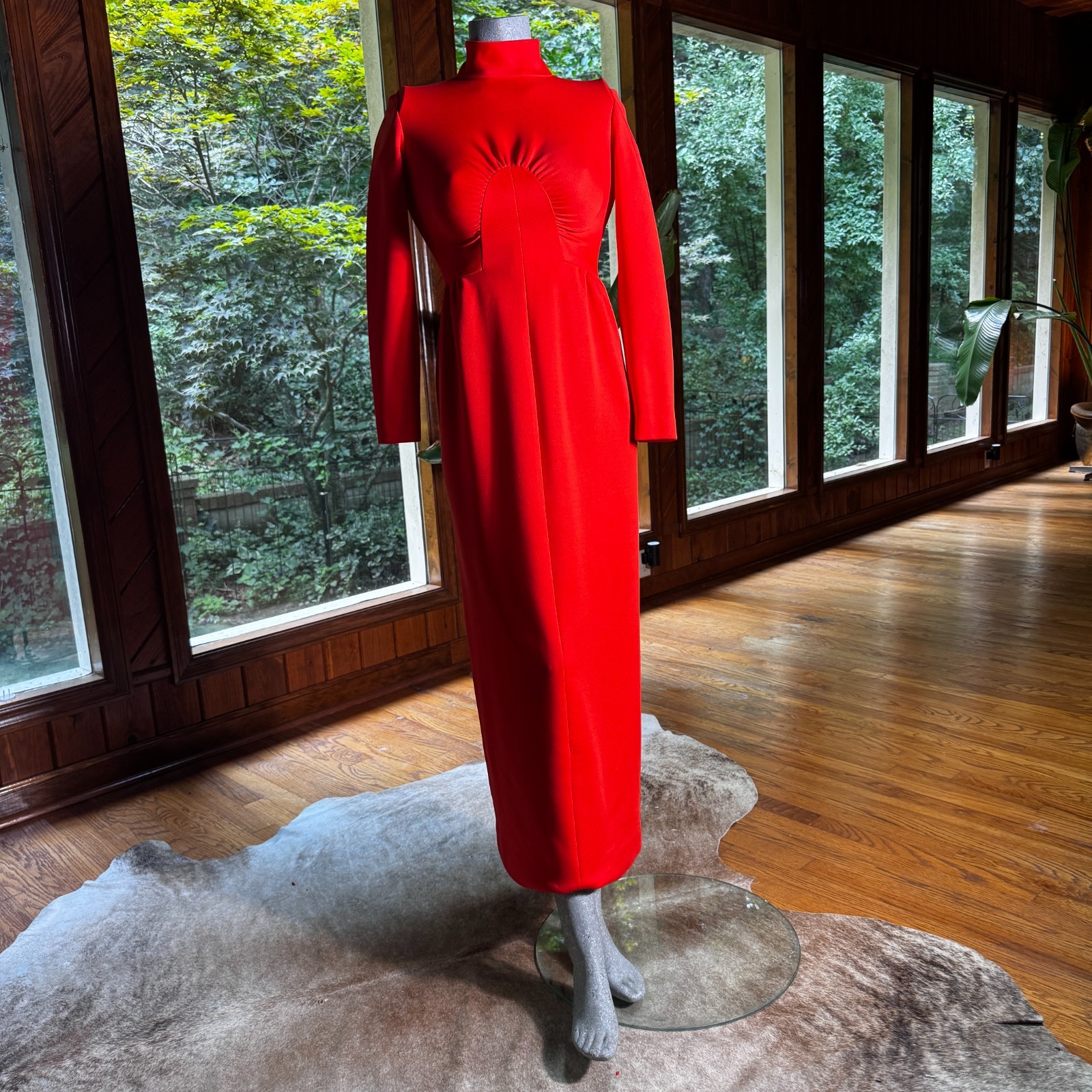 Vintage 70s Alison Ayres Red Empire Waist Maxi Dress Long Hostess Gown USA Small