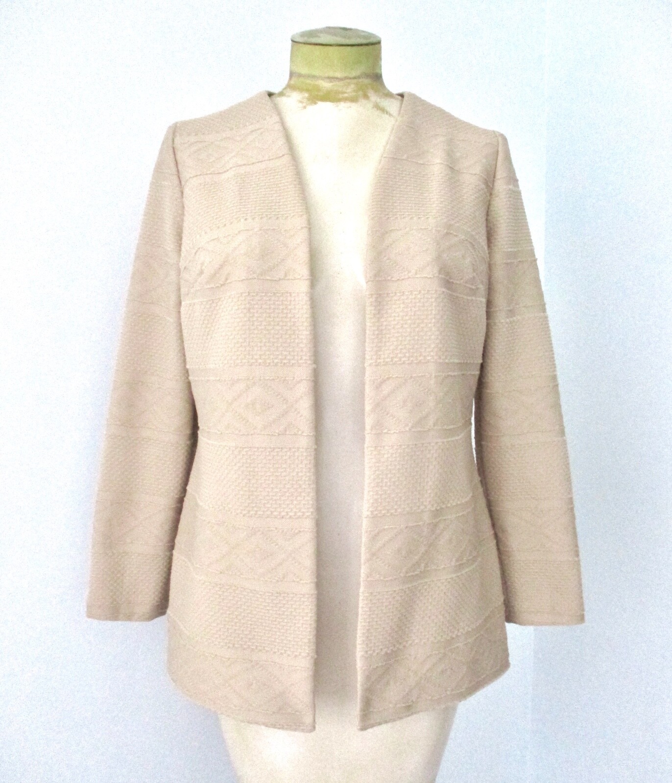 Vtg 60s 70s Mod Beige Poly Knit 2-Pc Drop Waist Dress Jacket Secretary Suit 12