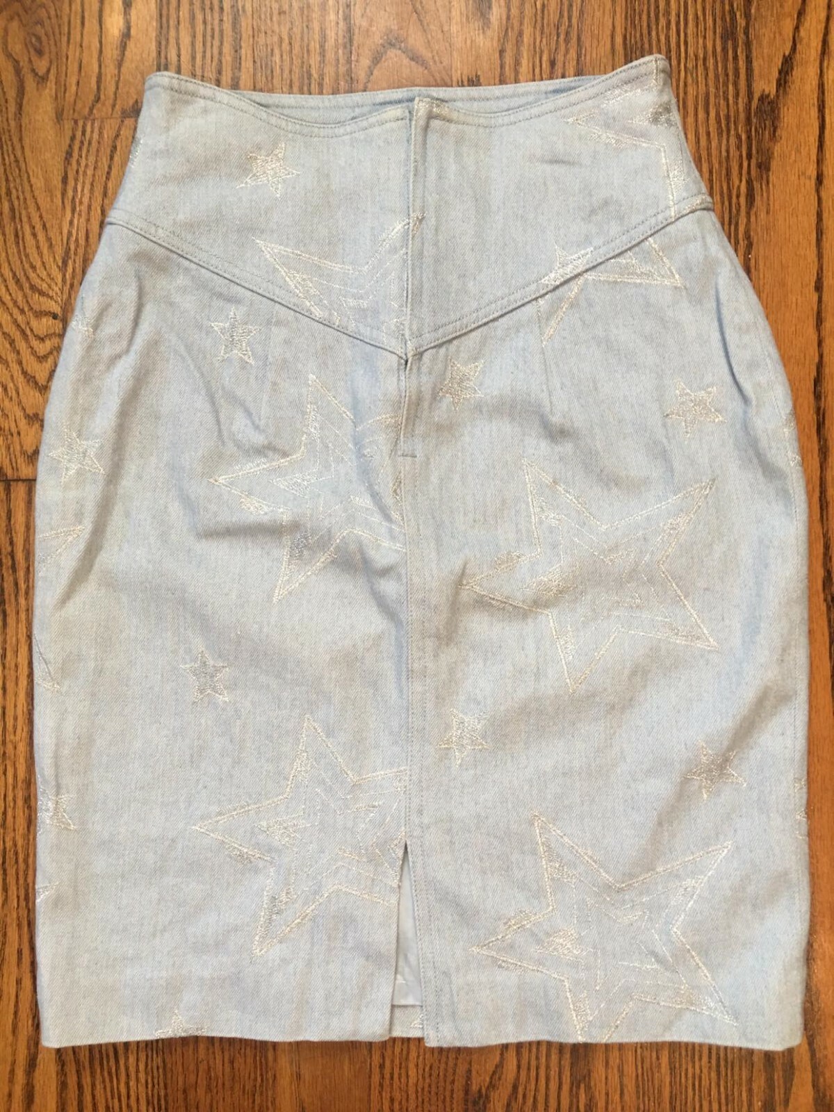 Vintage Embroidered Denim Pencil Skirt. Silver Stars. Western. XS S 0 2