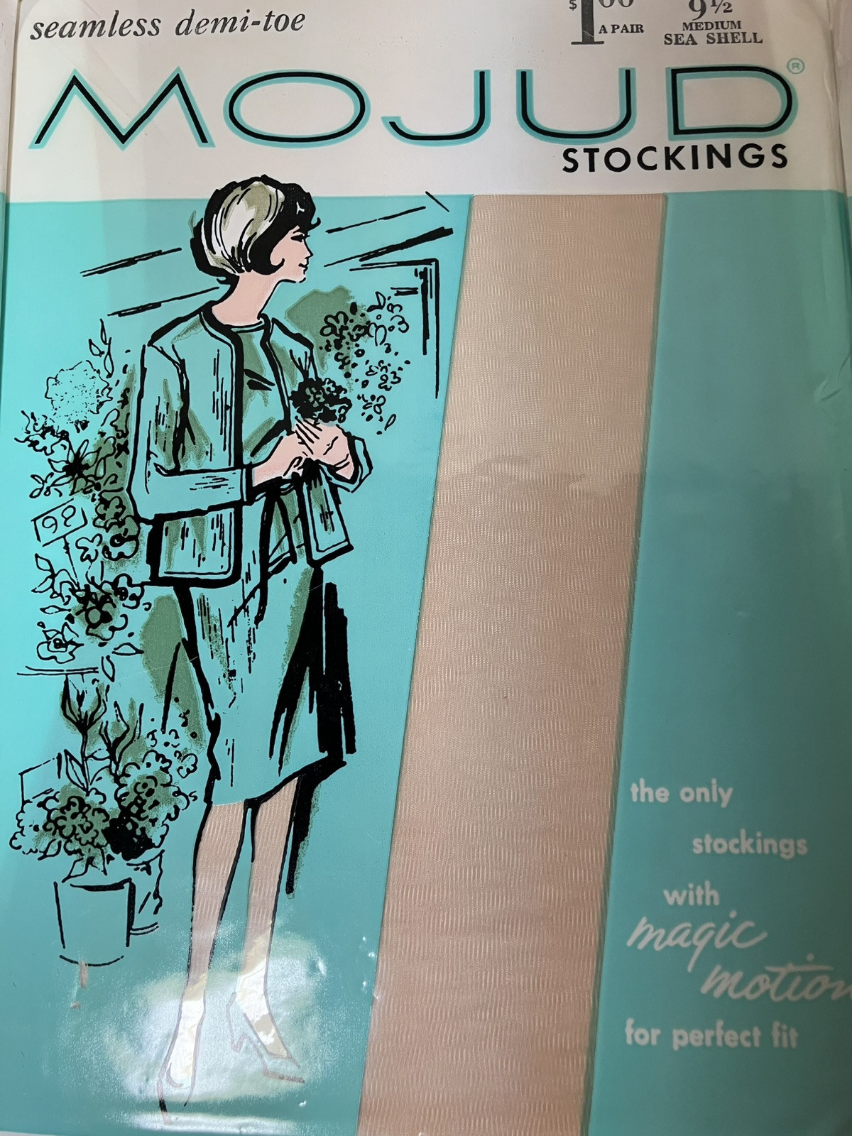 5 Pair VTG FLAT KNIT MOJUD MAGIC MOTION NYLON STOCKINGS GARTER HOSIERY 9 1/2×32”