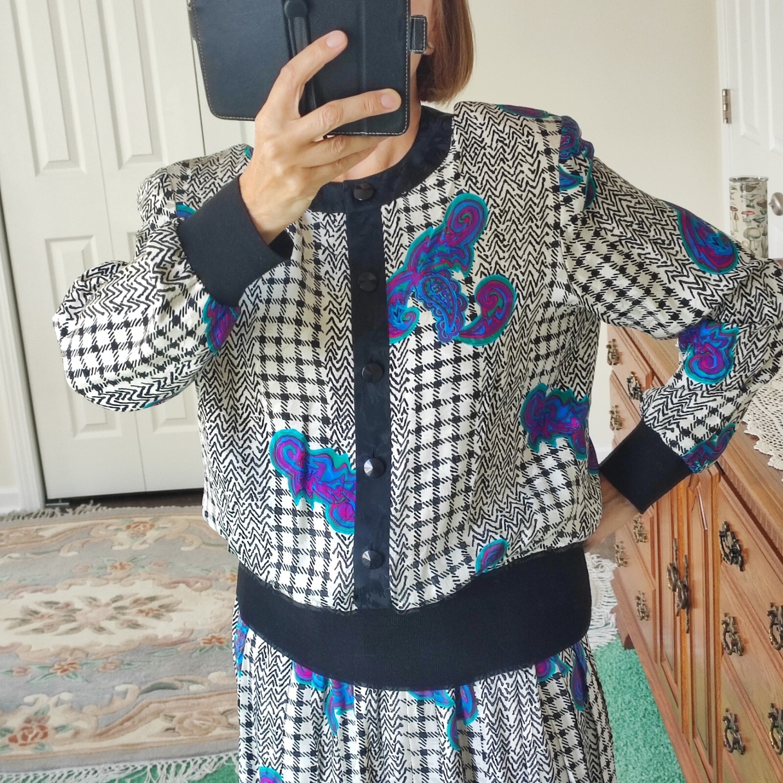 🎄🎁VTG Silk 💯 2 Piece Set Bomber Jacket & Pleated Skirt Sz 12 Check & Paisley