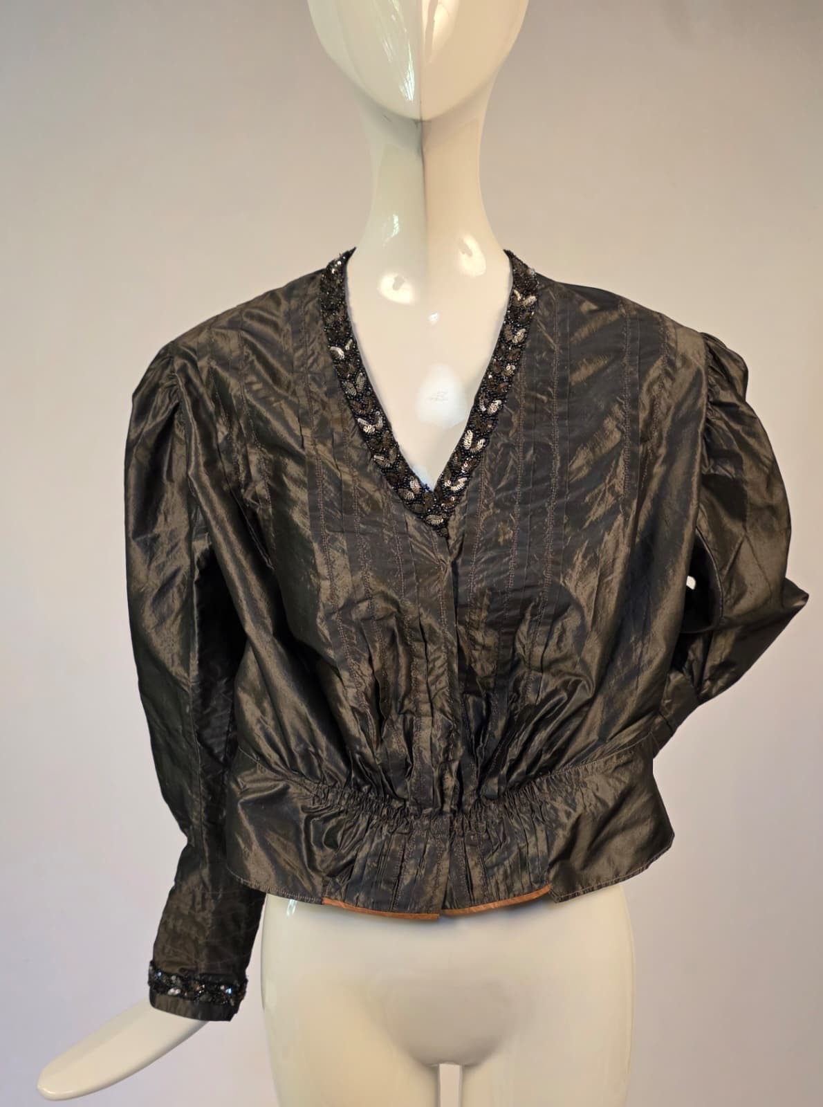 EARLY EDWARDIAN GUNMETAL GRAY SILK TAFFETA JACKET W SEQUIN + BEAD NECKLINE