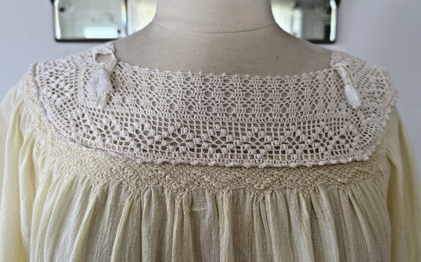 VTG Hand Fillet Crocheted & Smocked Pale Yellow Gauze Peasant Blouse Sz S/M Boho