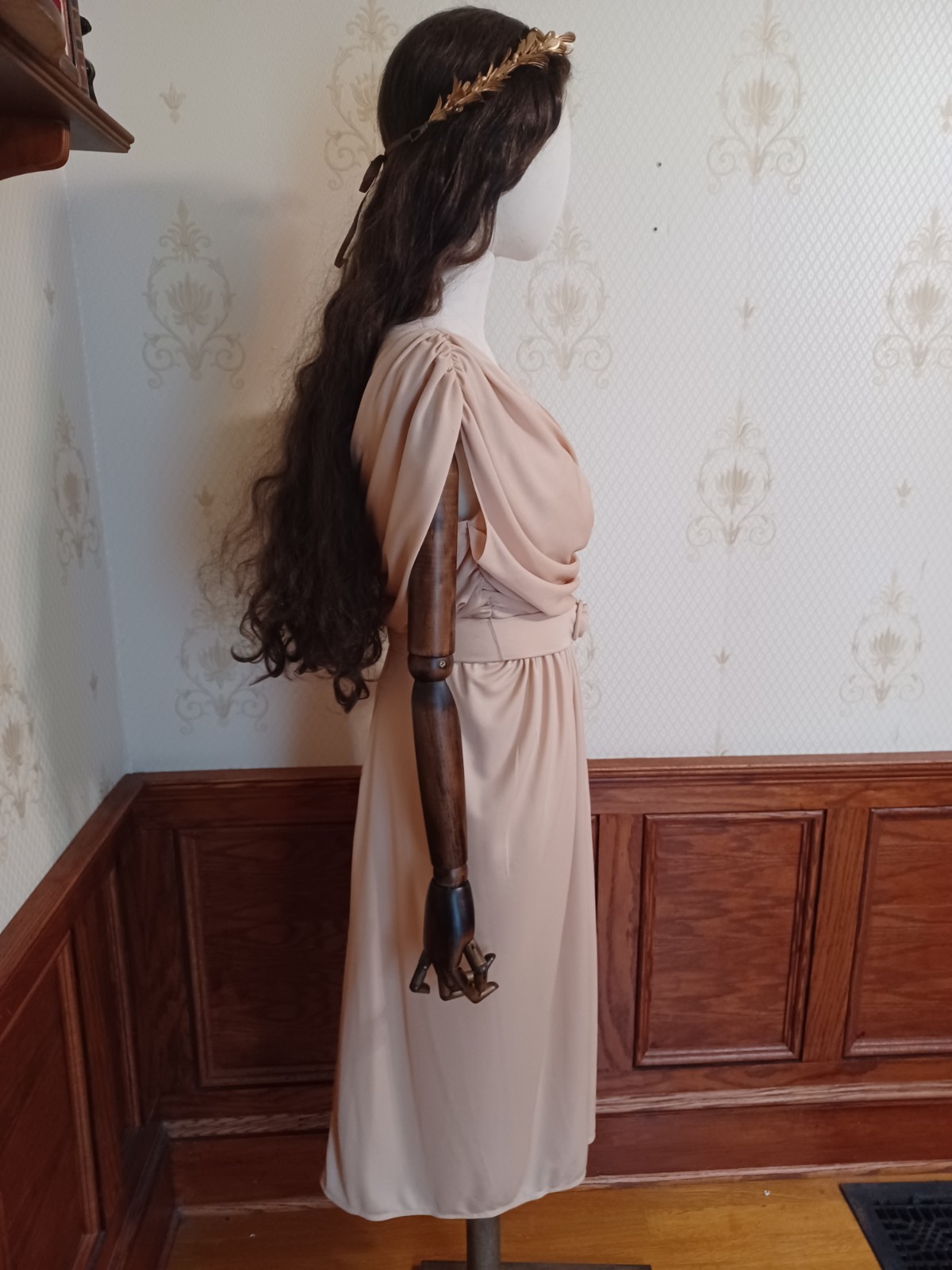 Vintage 1970s Union-Made Earth-Tone Disco Grecian Goddess Midi Dress