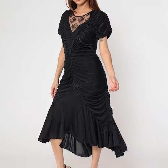 Isadora New York S Small Dress Ruched Bodycon Lace Inset Open Back Black Vintage