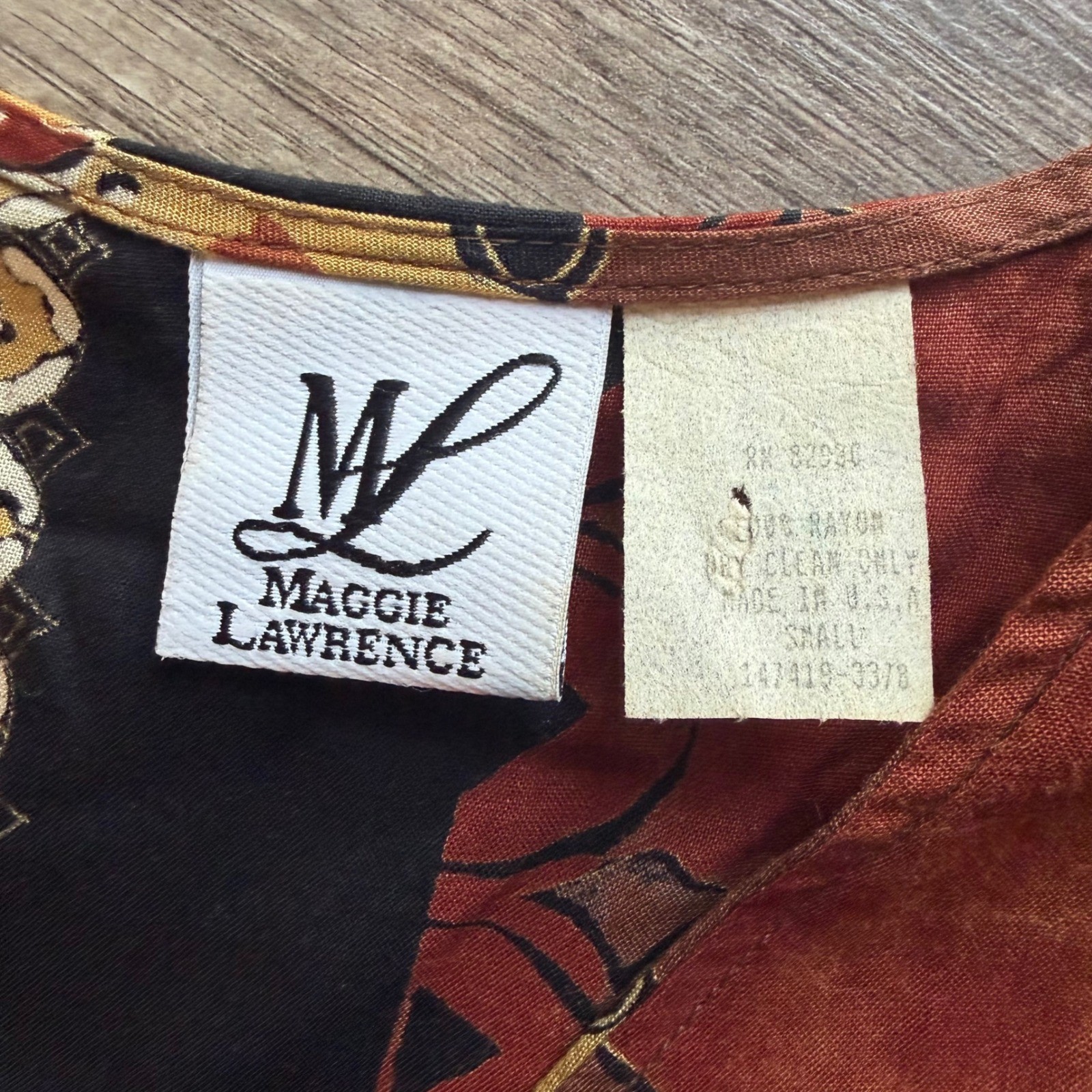 Maggie Lawrence Vintage Rayon Vest Small Tribal Abstract Print Boho Rust Mustard
