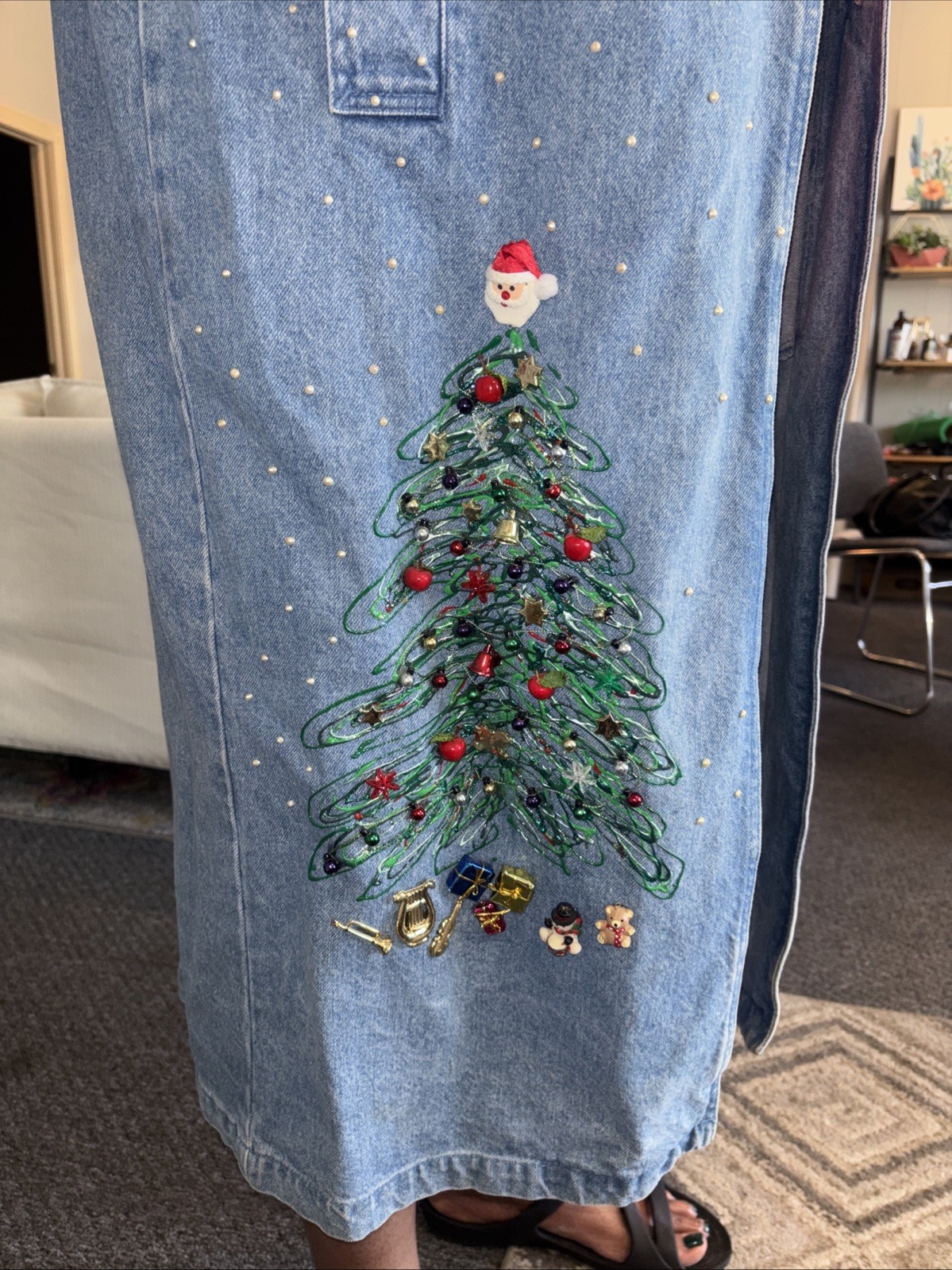 Vtg Christmas Duster by Treasures Denim Jacket Embroidered Tree Coat M/L 90s