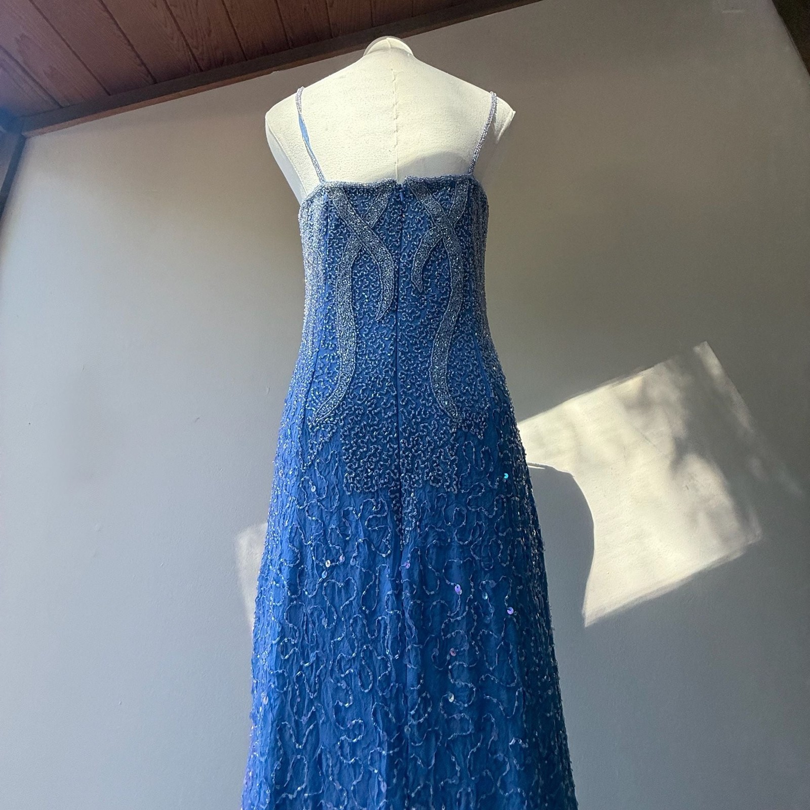 Vintage Blue Fully Beaded 100% Silk Maxi Column Evening Gown