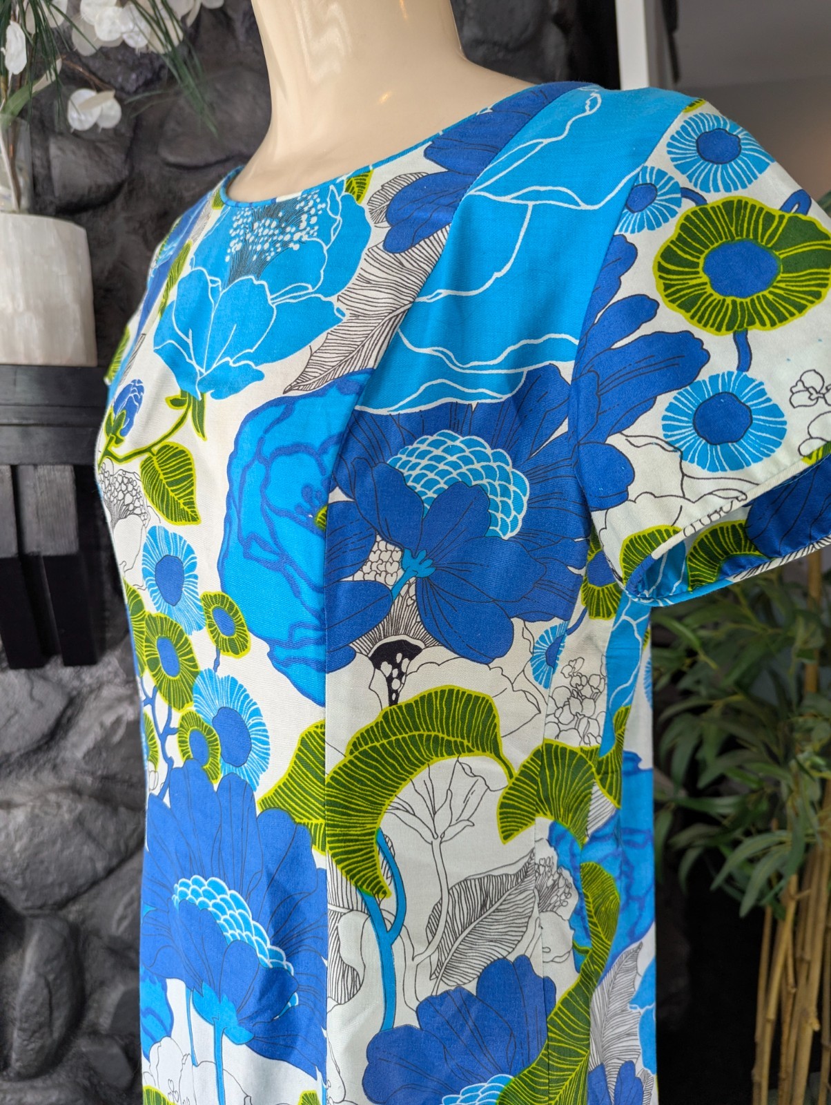 Vintage Lauhala 1970s Hawaiian MuuMuu Aloha Dress Ankle Maxi Sz 10 Blue Train