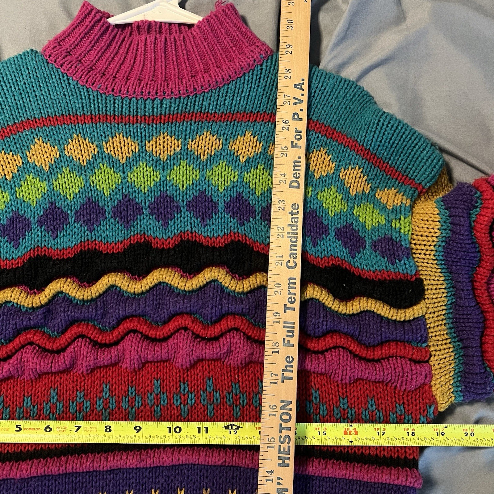 Vtg IVY Multi-color 3D Coogi Style Cable Knit Sweater Acrylic Size M Cosby Mock