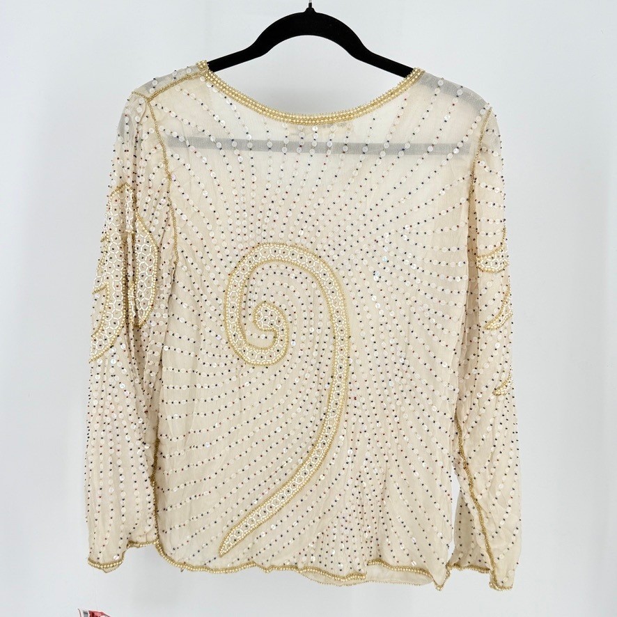 Vintage New Silk Beaded Sequin Blouse Cream Art Deco Top M NOS India Fairy Boho