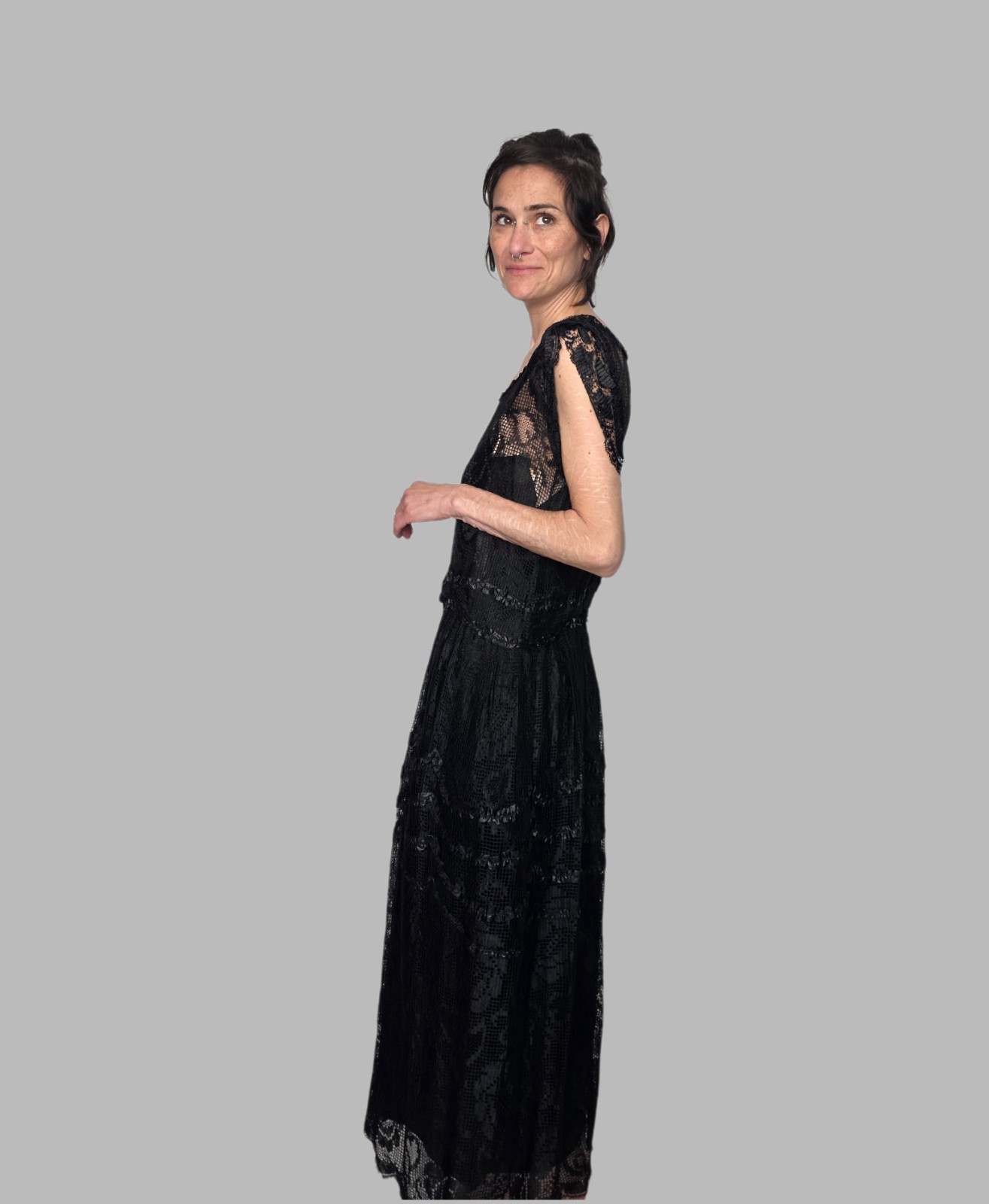 Authentic Edwardian Black Silk Lace Dress | Antique 1910s Drop Waist Gown | Hip