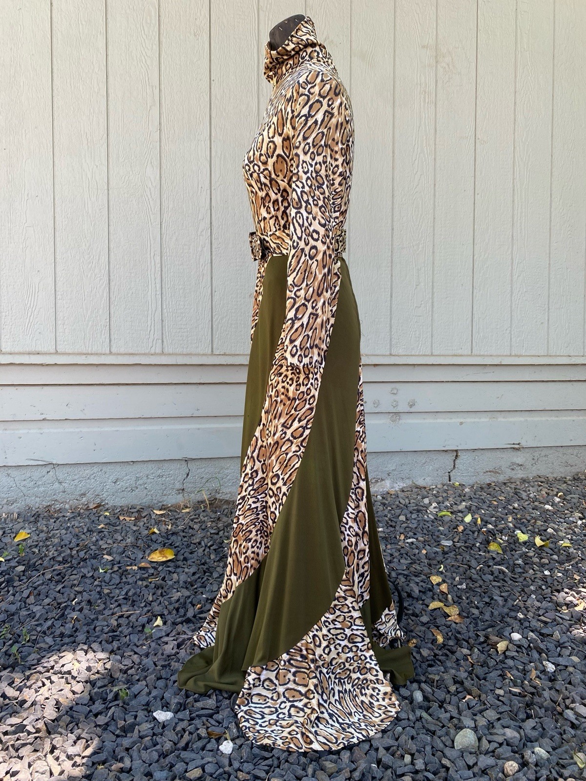 Vintage 70s Leopard Maxi Dress Mock Neck Animal Print Disco Glam Boho XS S