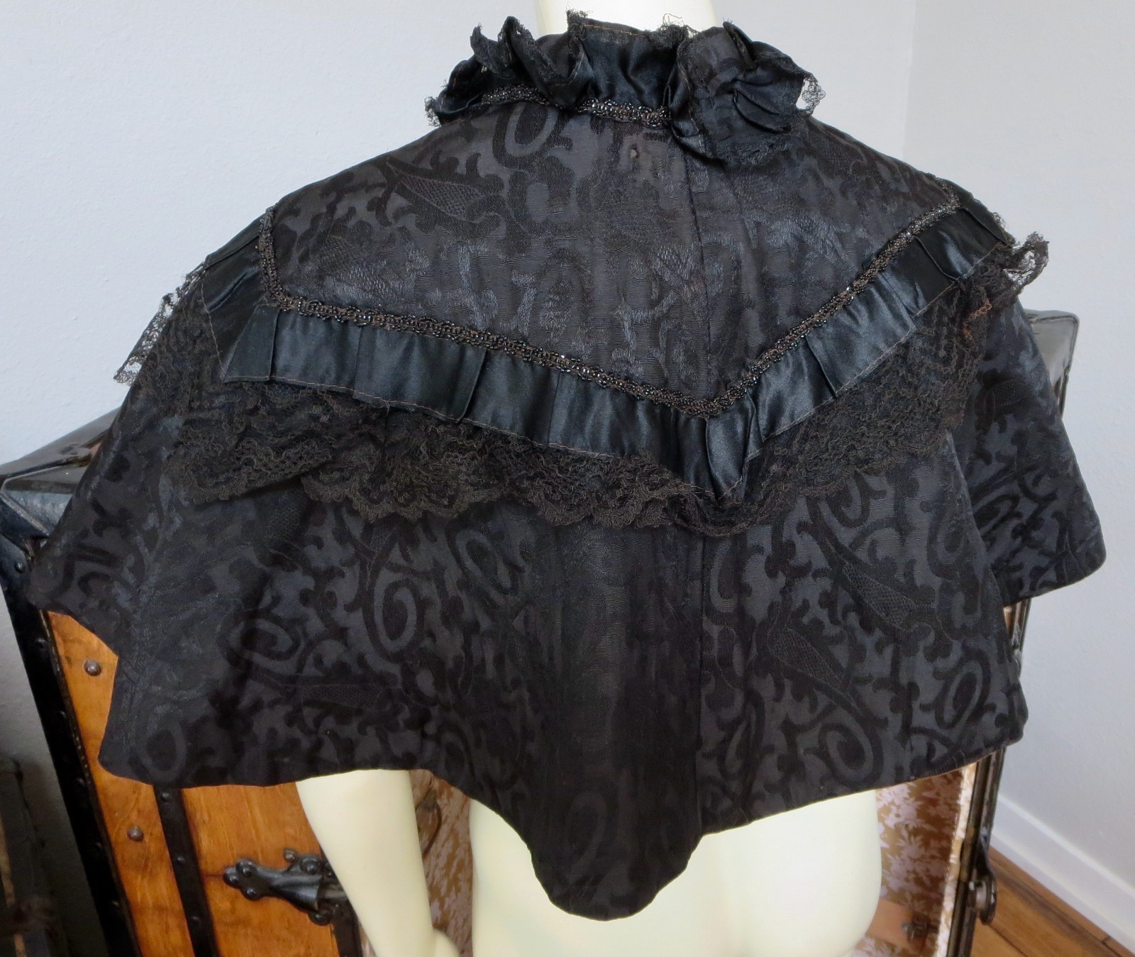 Antique 1880s Black Silk Mourning Capelette Lace & Glass Beading High Neck