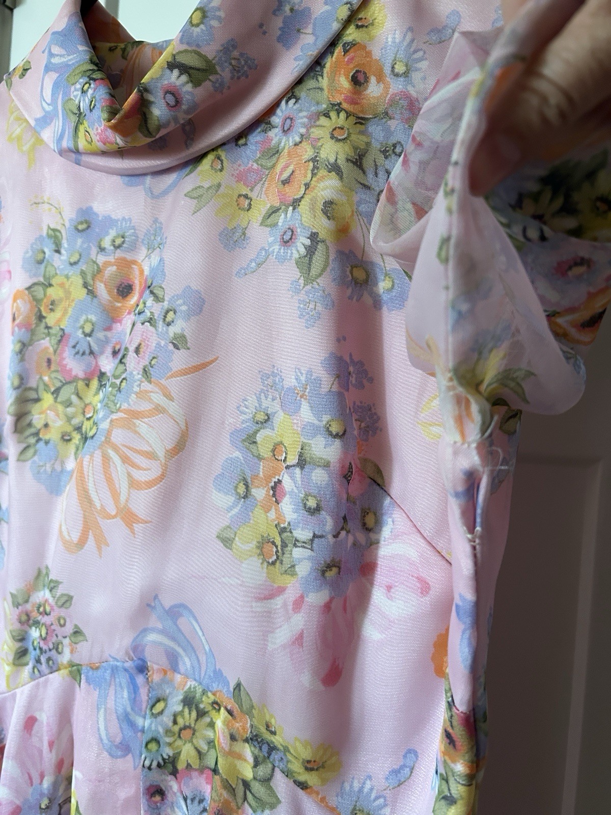 Avalon Classics Pink Floral Chiffon Maxi Dress Gown Sz 12 Cottage ILGWU Label