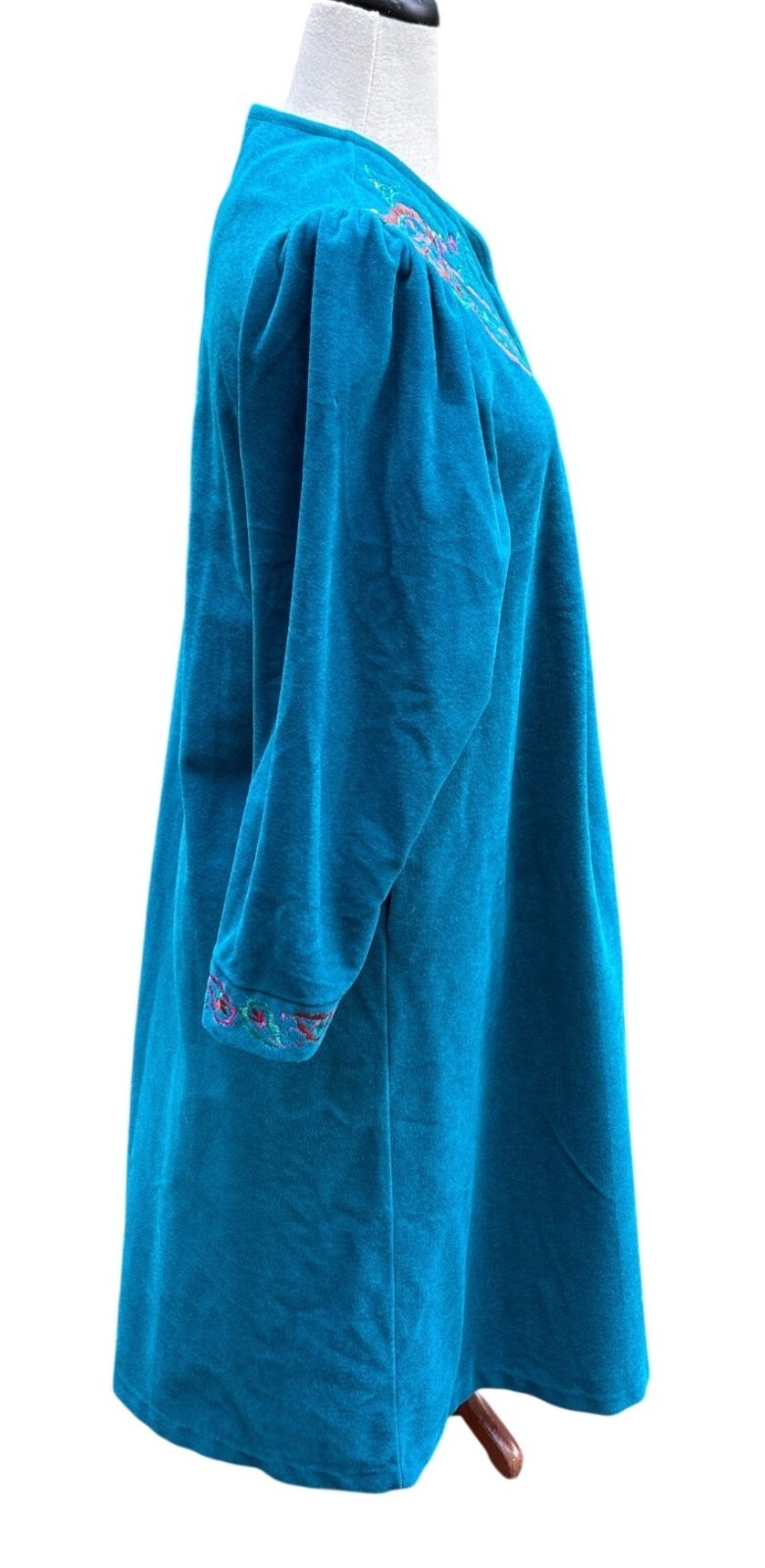 Vintage Vanity Fair Teal Embroider Robe Zip Front 3/4 Sleeves Small Made In USA