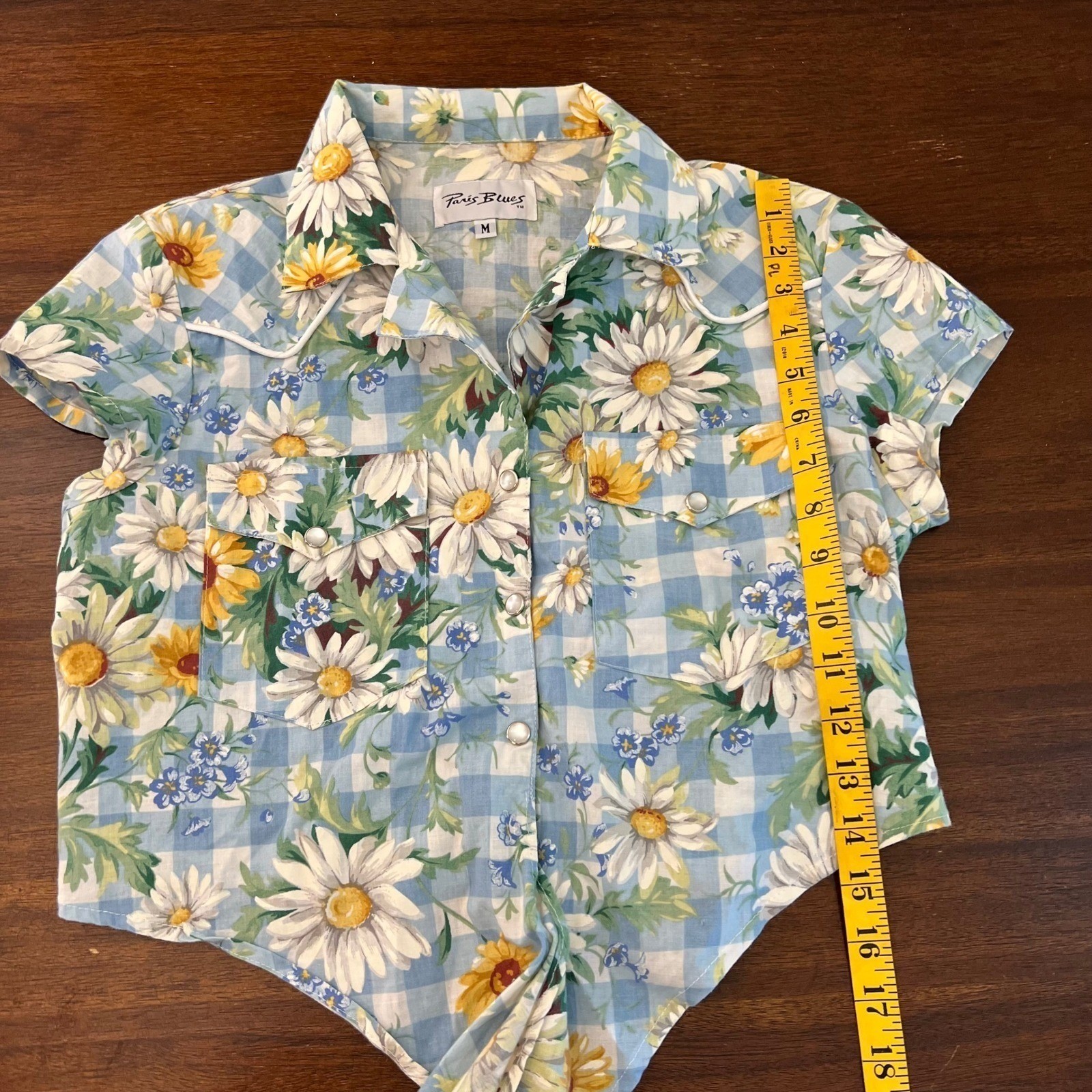 Paris Blues Vintage Western Daisy Gingham Tie Front Crop Shirt Blue White Medium