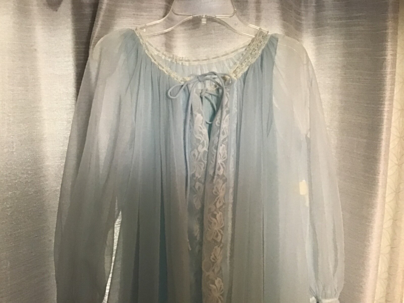 Vintage Miss Elaine Peignoir Nightgown Set Blue White Lace Gold Label Long