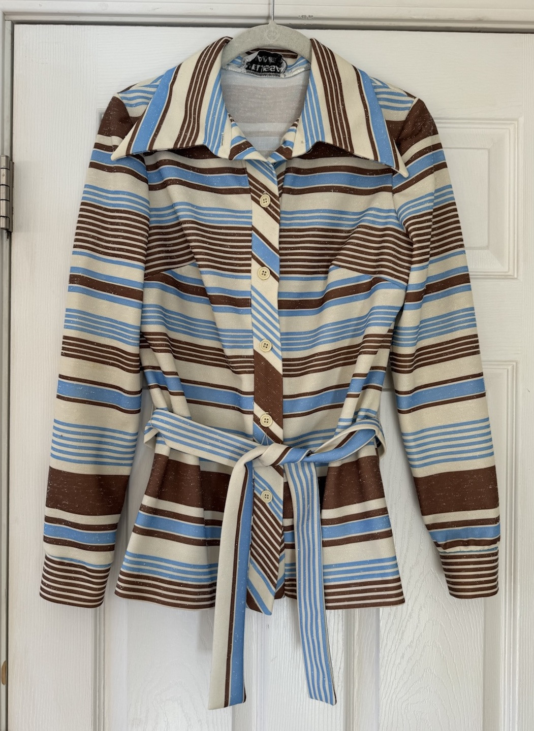 Vintage Melissa Lane Blue Brown Striped Button Down Blouse With Belt 1970s