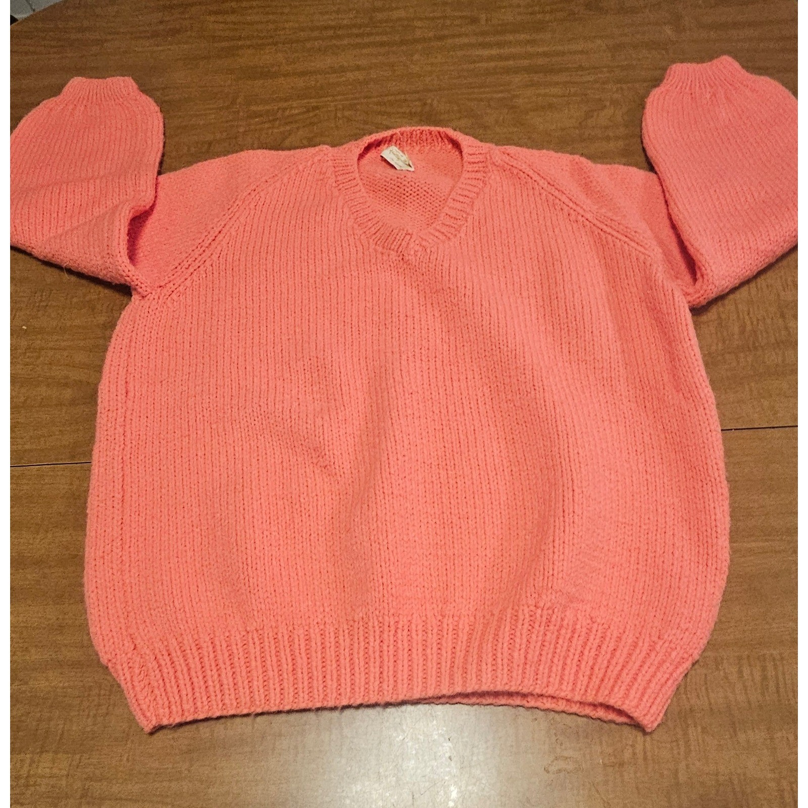 Vintage Homemade 80s Peach Orange Shaker Knit Sweater V-Neck M L K