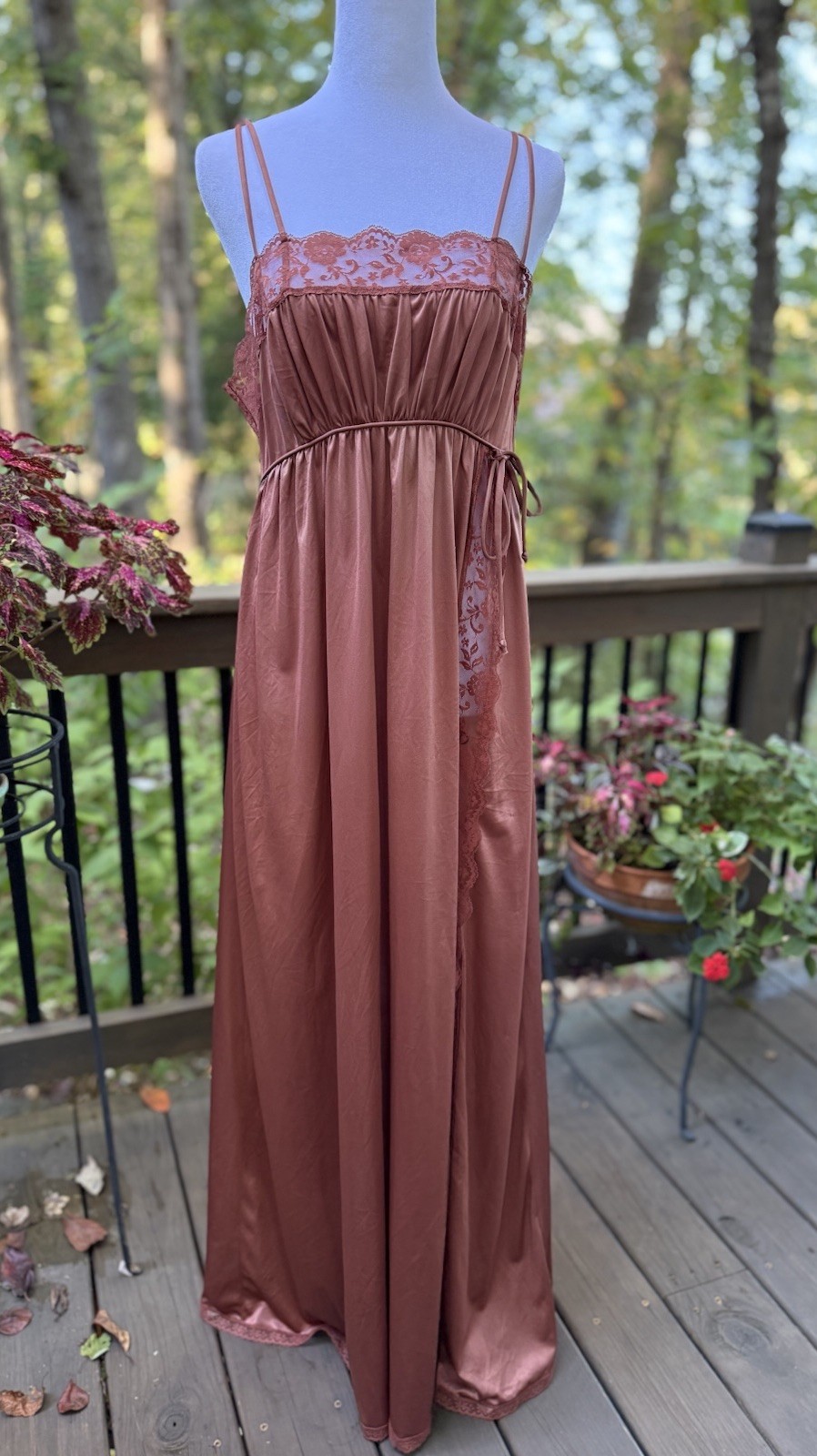 Vtg New Nightgown Long Goddess Pinehurst 70s Inset Lace UNIQUE Copper Brown M 36