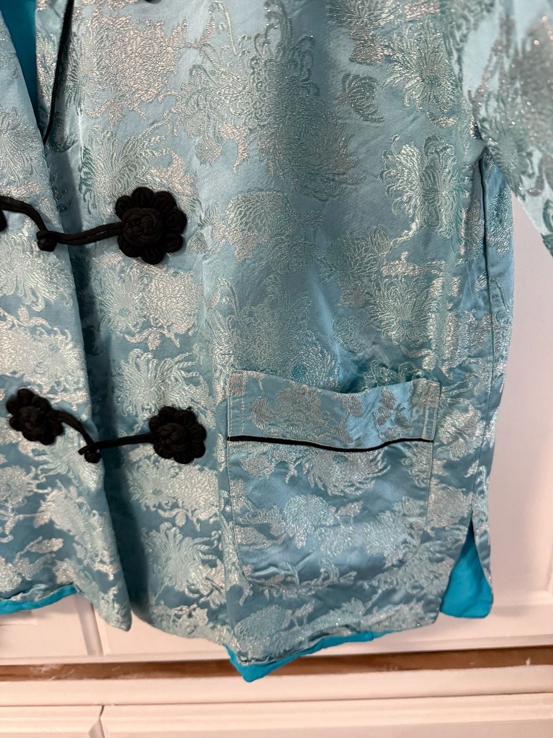 Vintage Fashions From Orient Aqua Blue Brocade Mandarin Jacket with Frog Closure