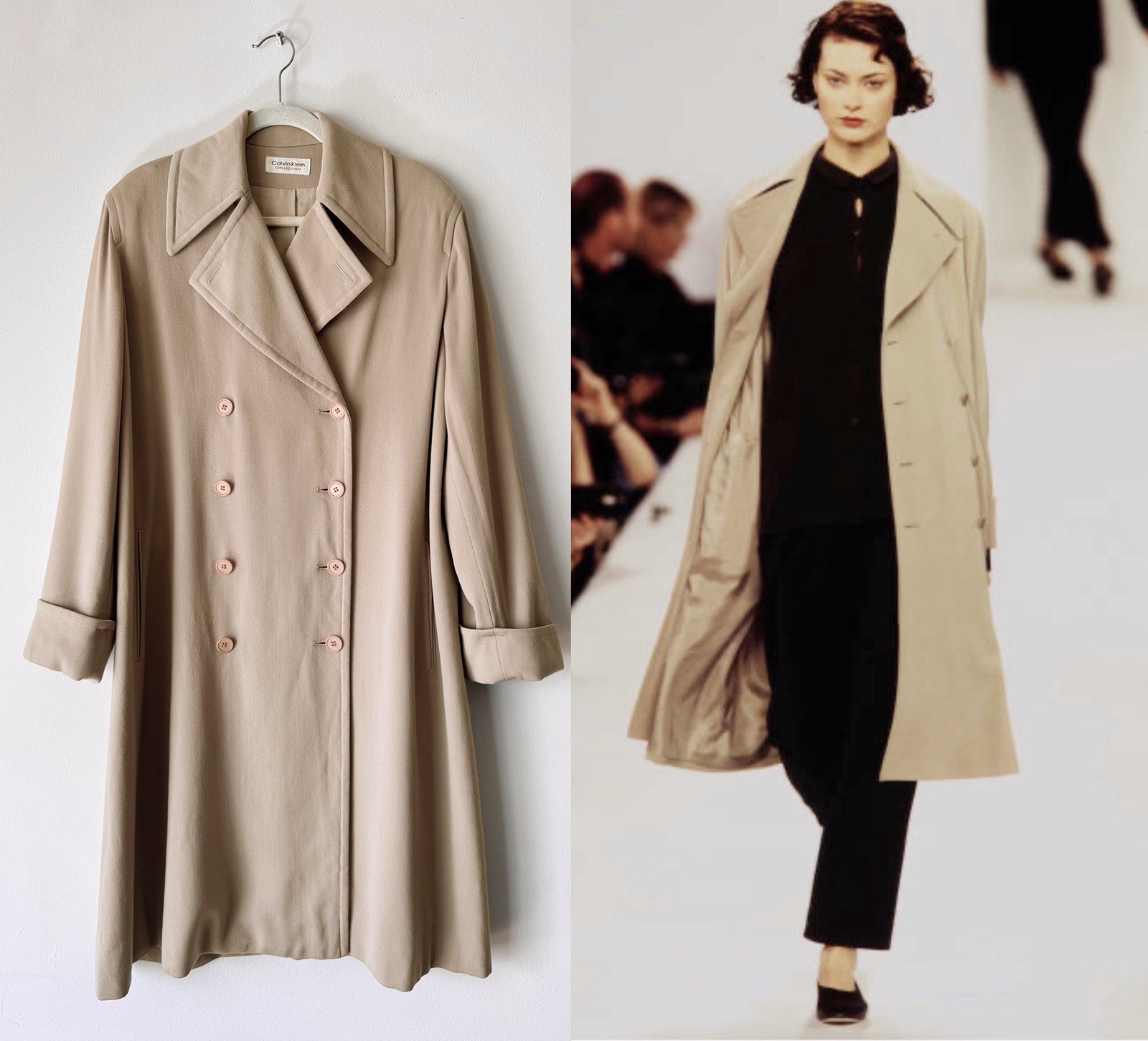 Vtg 90s Calvin Klein Collection Khaki Tan Wool Oversize Trench Coat Size M L