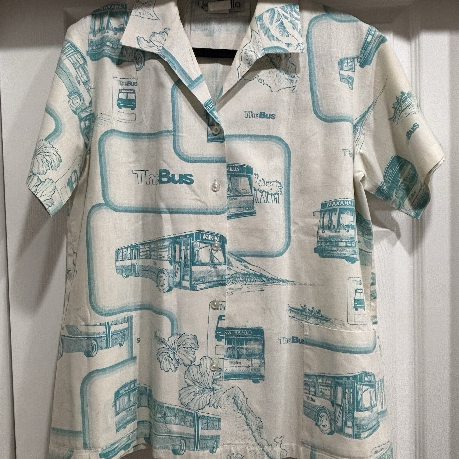 Vintage Hawaiian Aloha TheBus Bus Driver Uniform Shirt White Teal Size 14