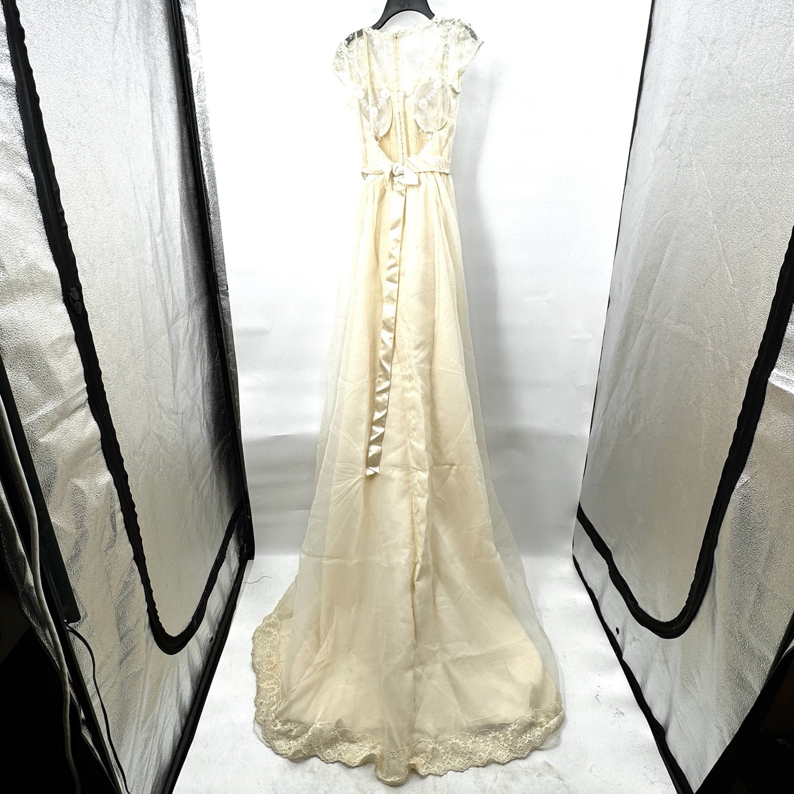 Vintage Lace Overlay Cap Sleeve Wedding Dress with Bustle Handmade Ivory Color