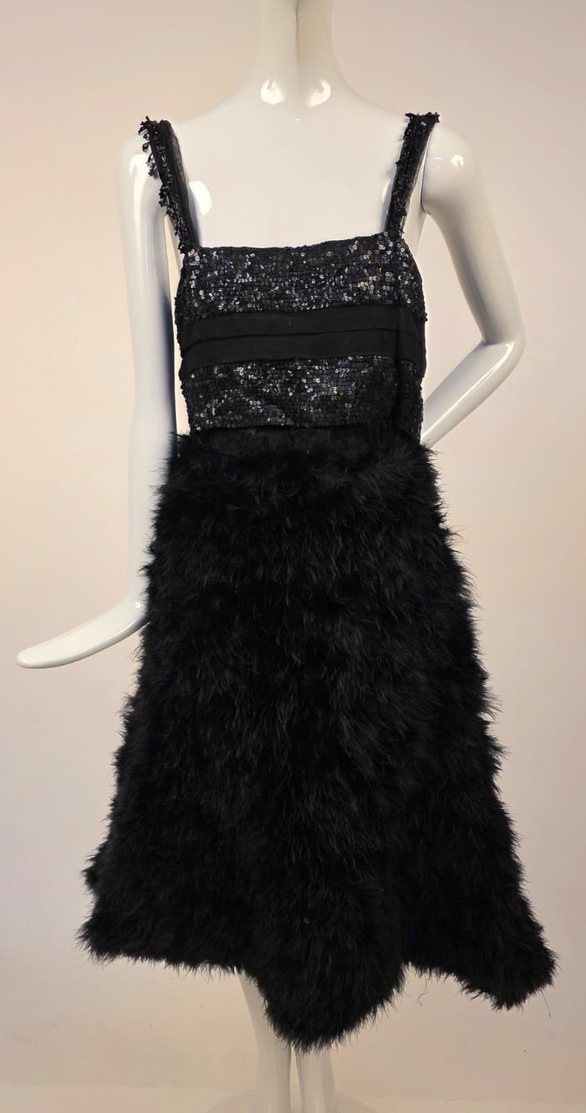 FLAPPER 1920’S SEQUIN TRIMMED DRESS W BLACK OSTRICH FEATHER SKIRT 