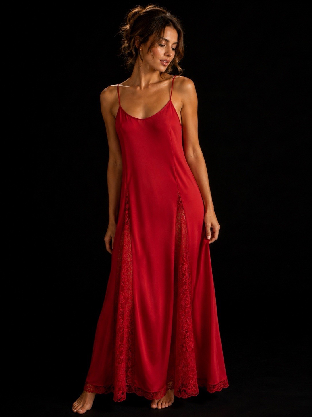 Vintage Petra Fashions Rich Crimson Red Silky Nightgown Lace Inset Panels Sz XL