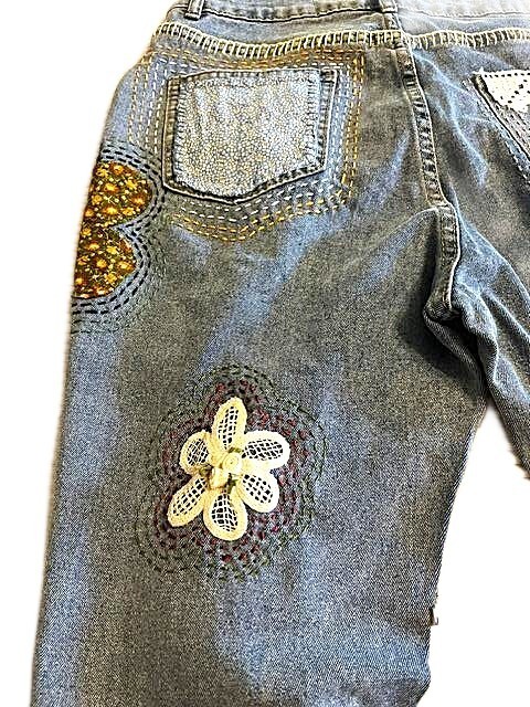 Totally hand patched embroidered upcycled custom Womens jeans 1 of a kind – Med
