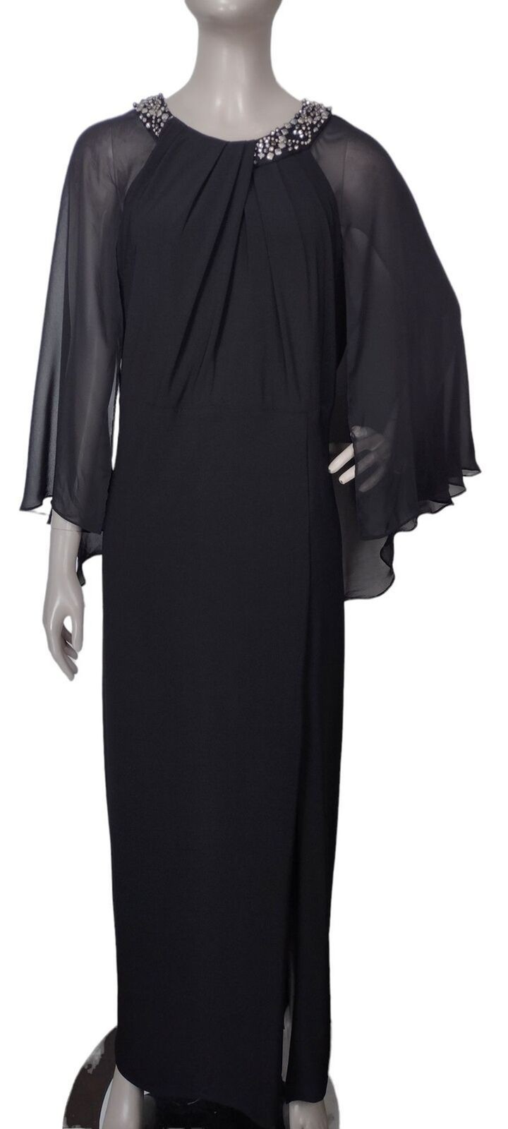 Vintage Scarlett Black Beaded Elegant Flowy Sheer Capelet Slit Formal Maxi Dress