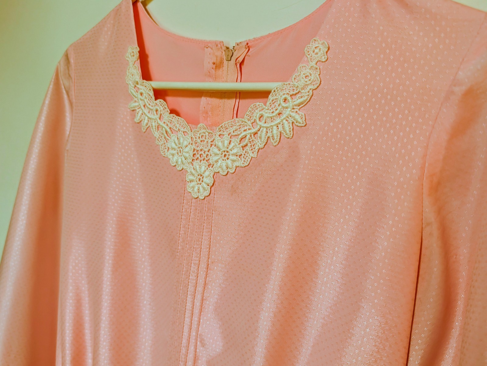 Handmade 1970s Pink Satin Polyester Fit & Flare Dress Lace Neckline M