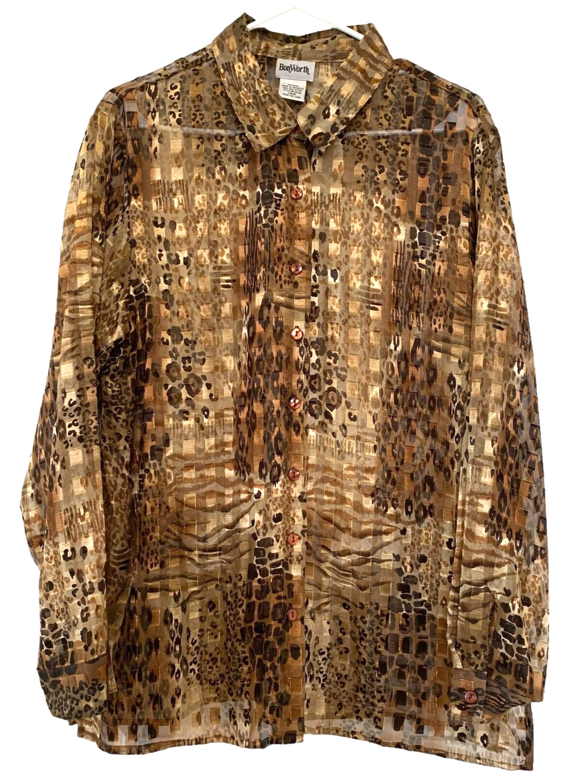 BonWorth Button-Up Sheer Shirt Womens L Collared Black Gold Floral Print VTG 70s