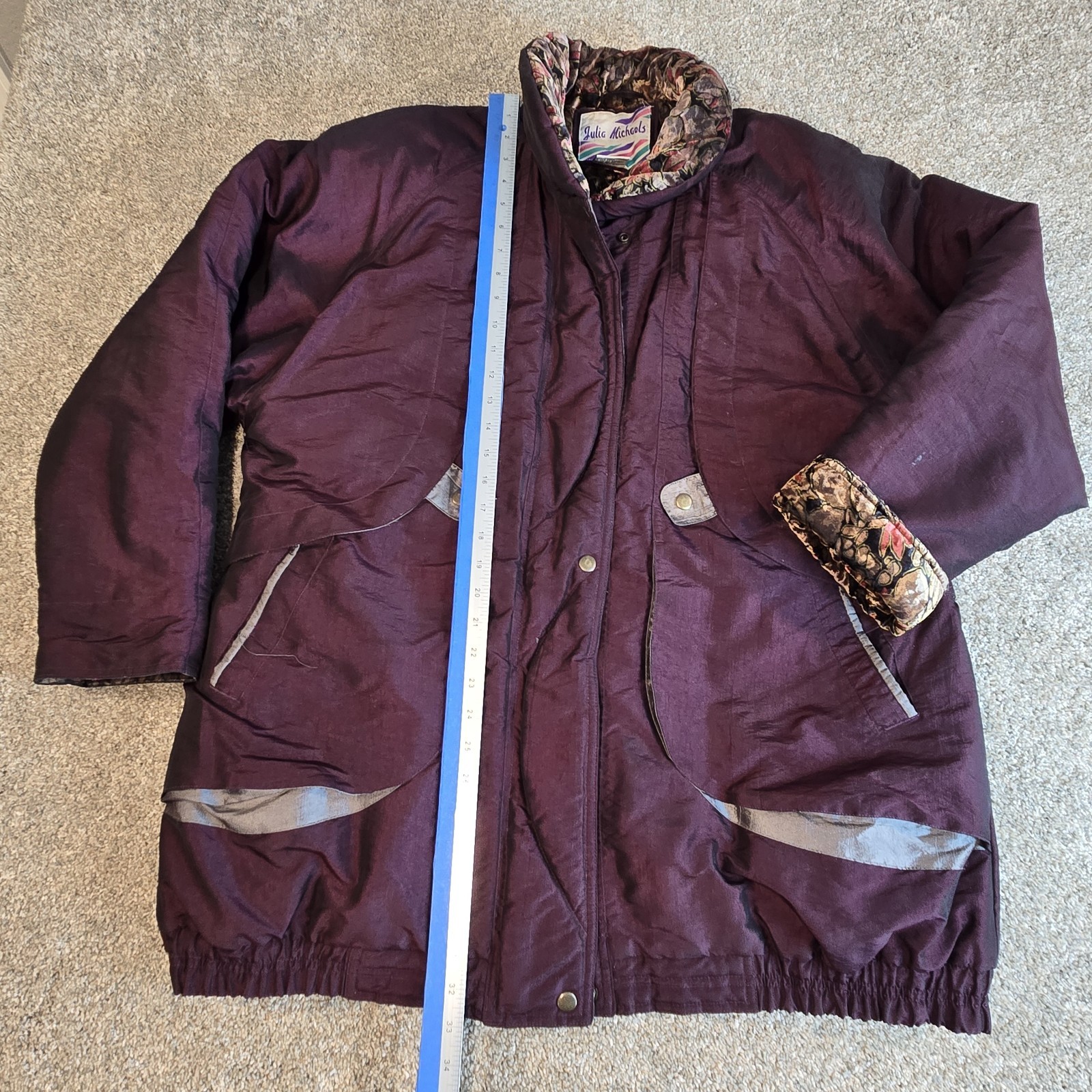 Julia Michaels Rare Vintage Womens Coat Plum Size L Vlevet Floral Poly Blend