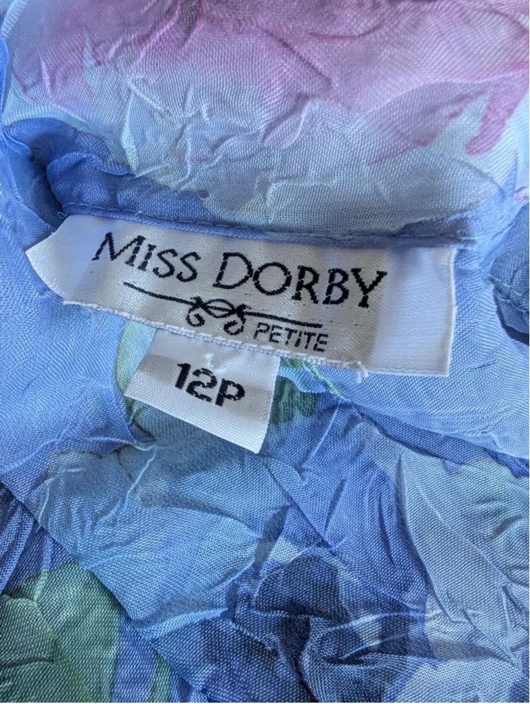 Miss Dorby Vtg Floral Crinkle Button Up Fly Away Blouse Periwinkle Sz 12P Fairy