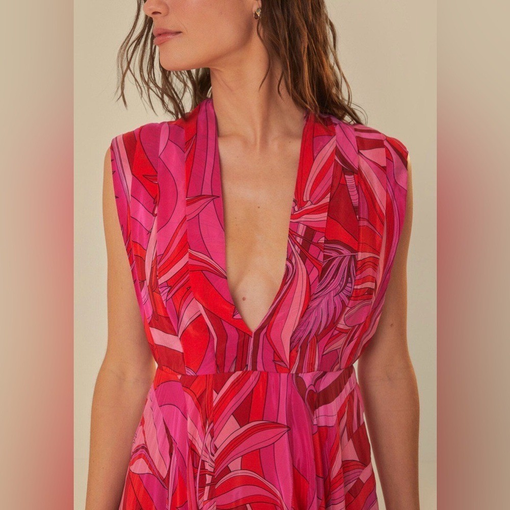 Farm Rio Red Endless Summer V Neck Midi Dress Size XS 100% Viscose NWT