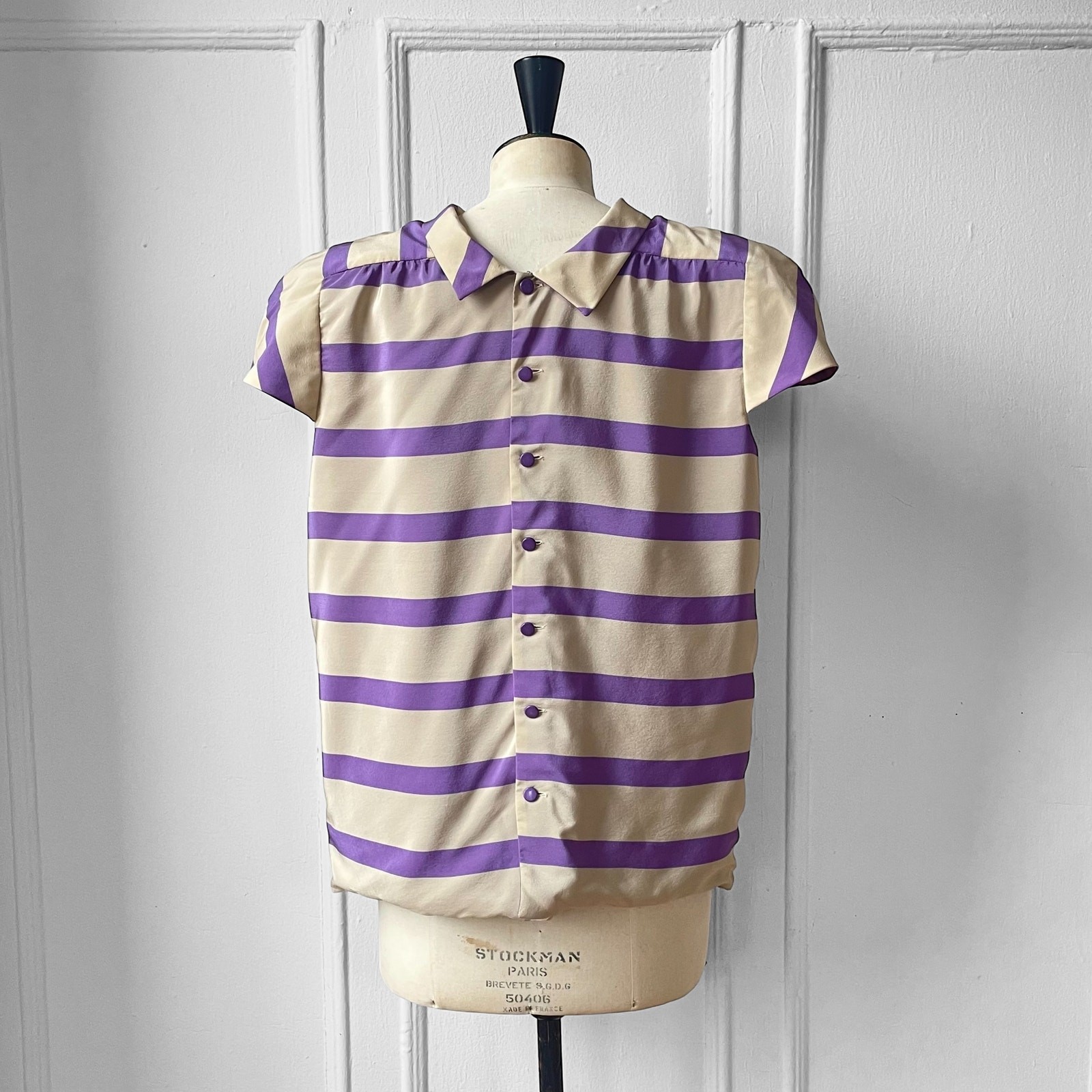 80s VALENTINO Silk Striped Cap Sleeve Vintage Blouse Shoulder Pads Button Italy
