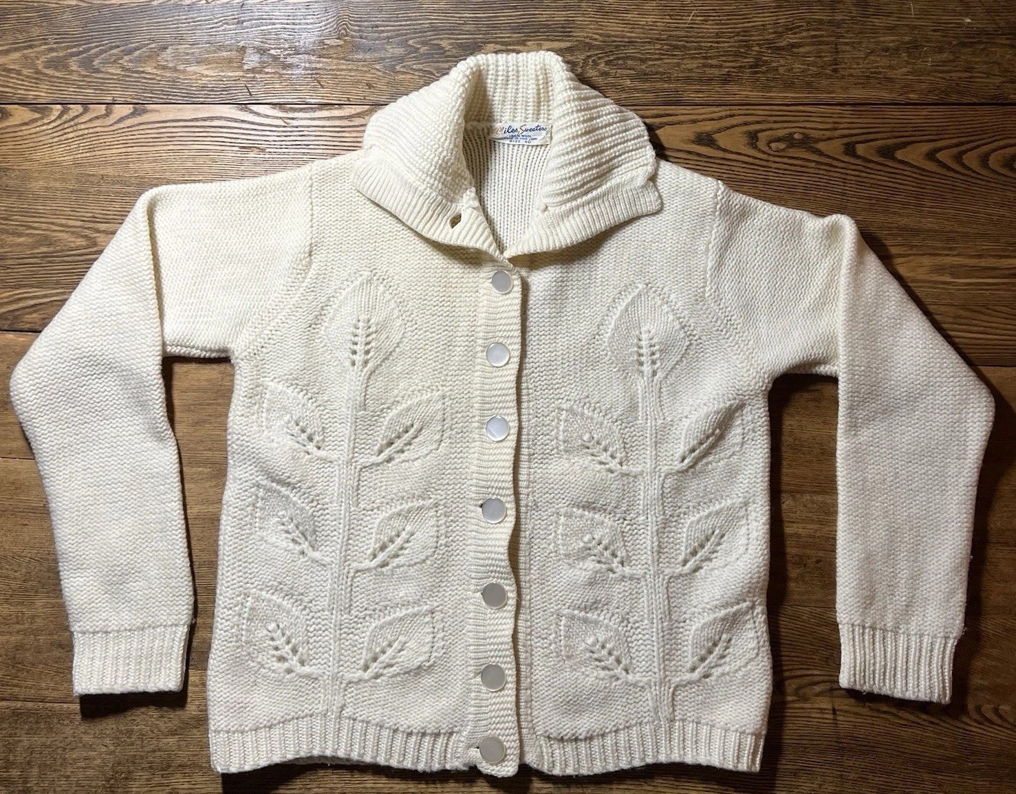 Vintage 60s Miles Sweaters Leaf Pattern Knit Cardigan Shawl Collar Wool Sweater