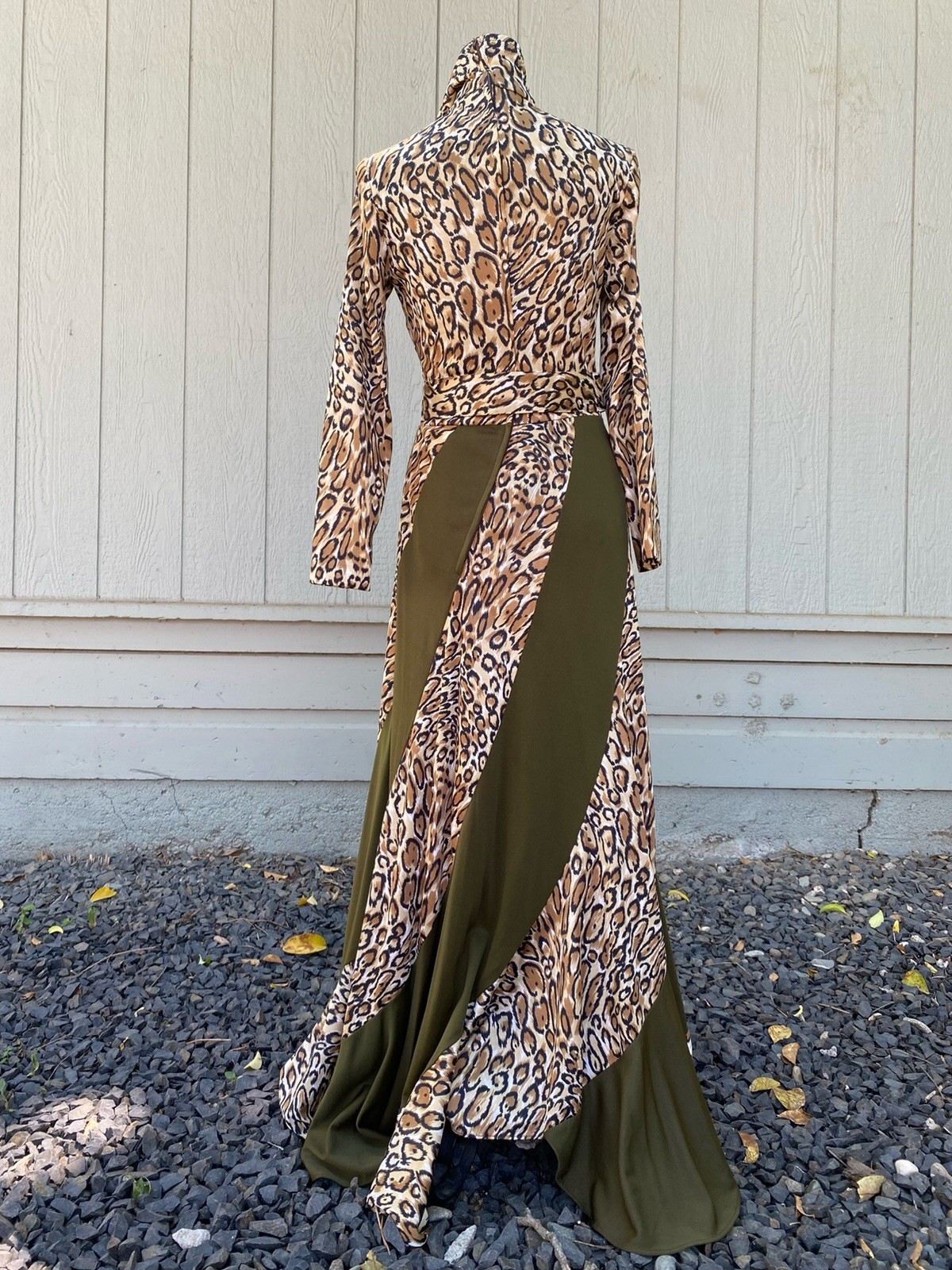 Vintage 70s Leopard Maxi Dress Mock Neck Animal Print Disco Glam Boho XS S