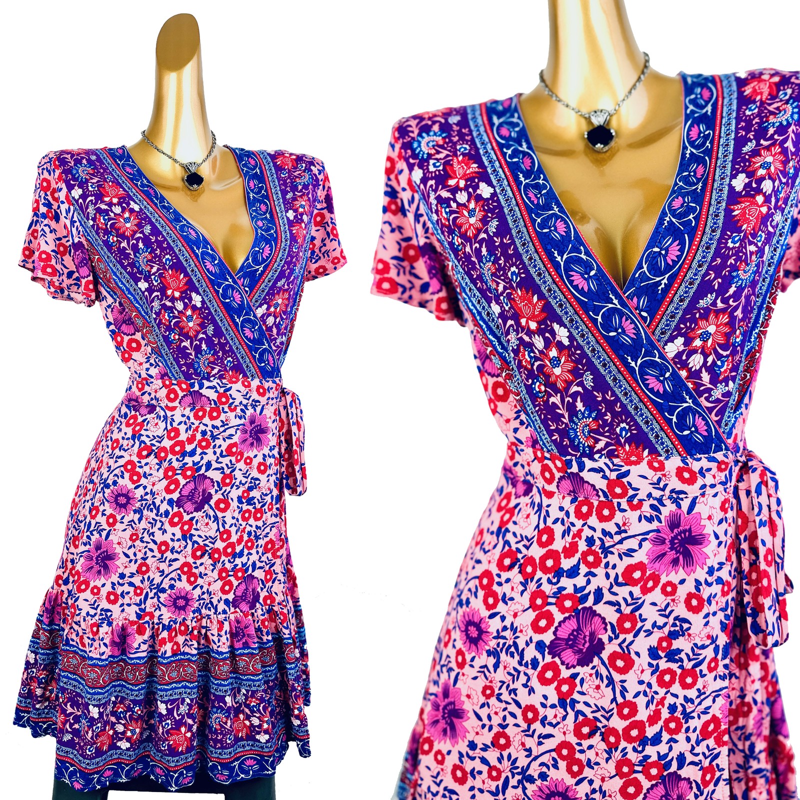 Vintage VTG 90s boho wrap dress floral print prairie mini sundress